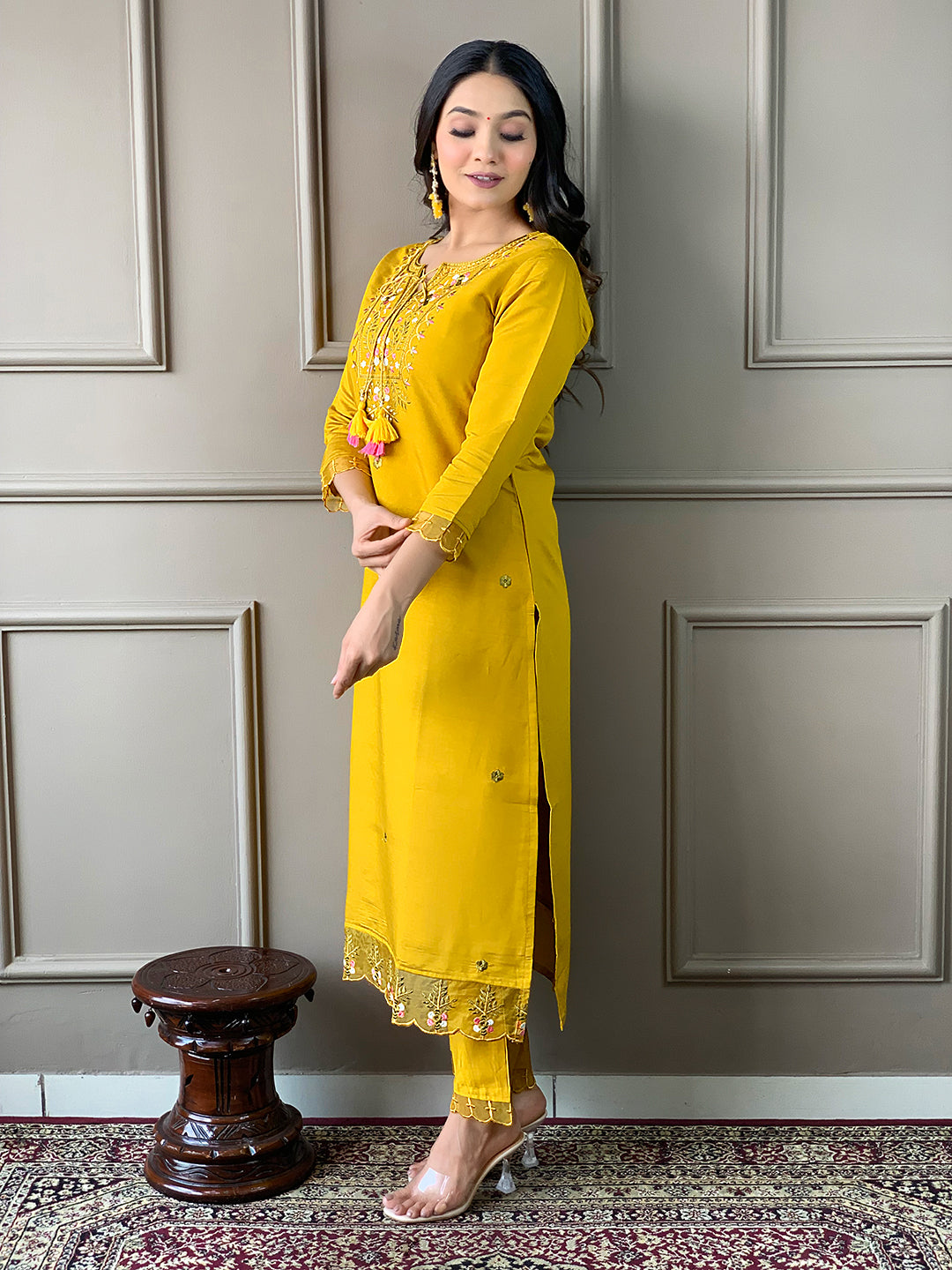 Mustard Chanderi Embroidered Straight Kurta Set with Pant & Crepe Silk Dupatta