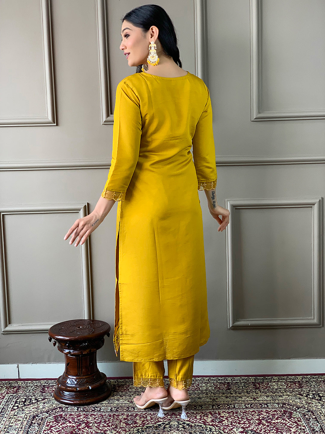 Mustard Chanderi Embroidered Straight Kurta Set with Pant & Crepe Silk Dupatta