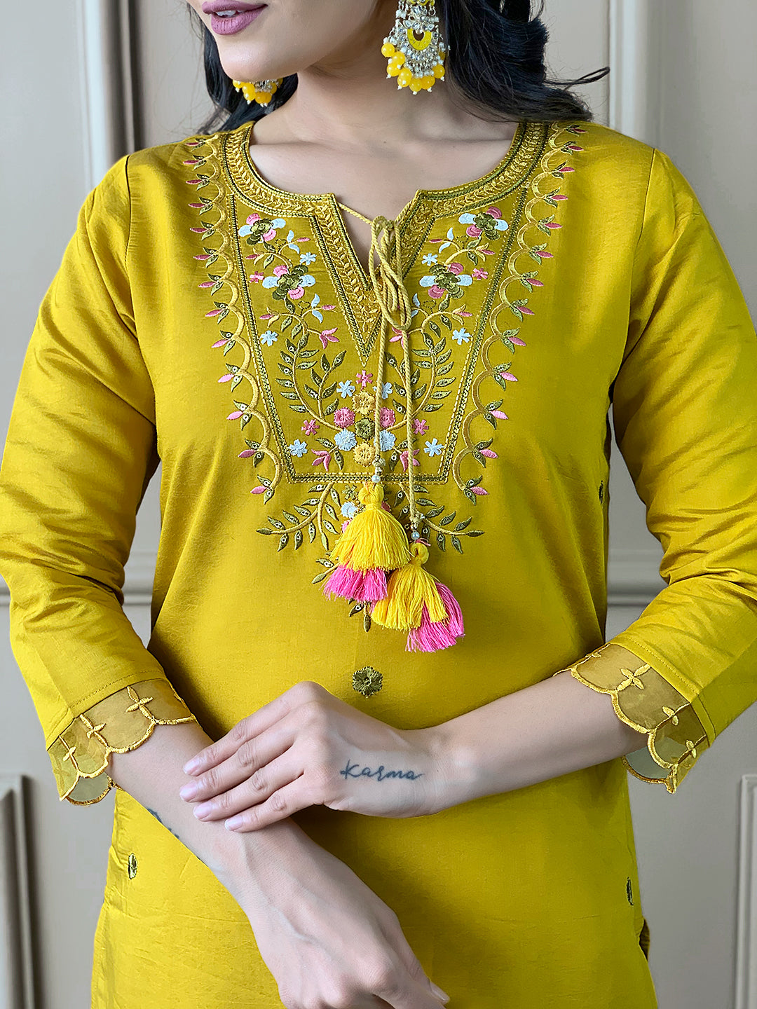 Mustard Chanderi Embroidered Straight Kurta Set with Pant & Crepe Silk Dupatta