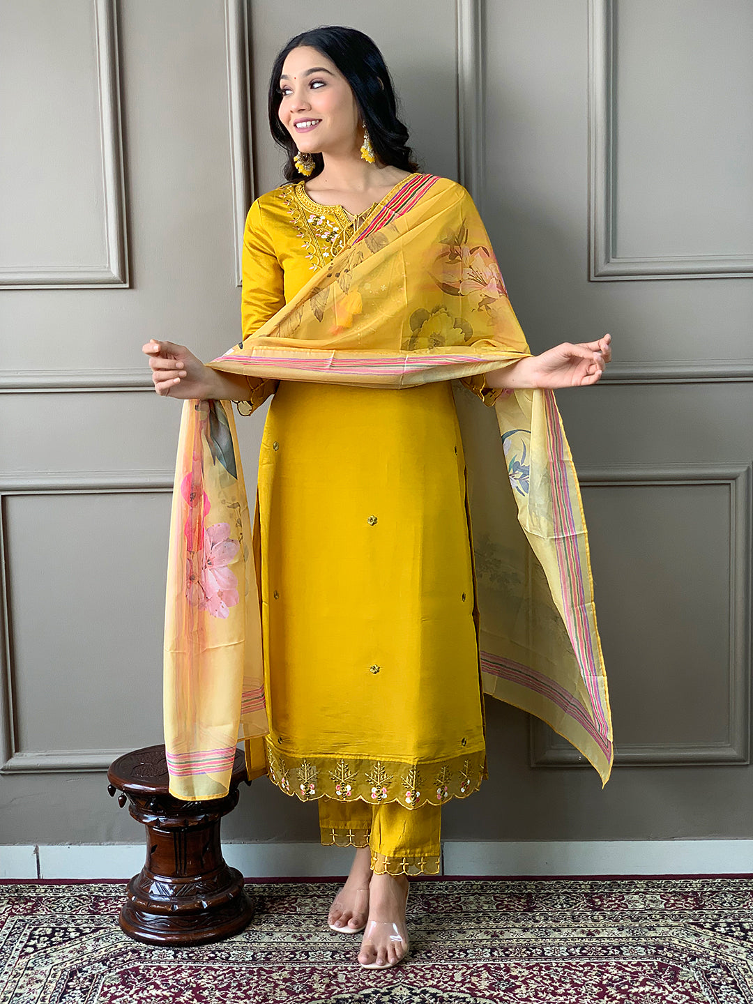 Mustard Chanderi Embroidered Straight Kurta Set with Pant & Crepe Silk Dupatta
