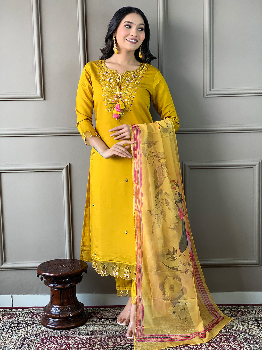 Mustard Chanderi Embroidered Straight Kurta Set with Pant & Crepe Silk Dupatta