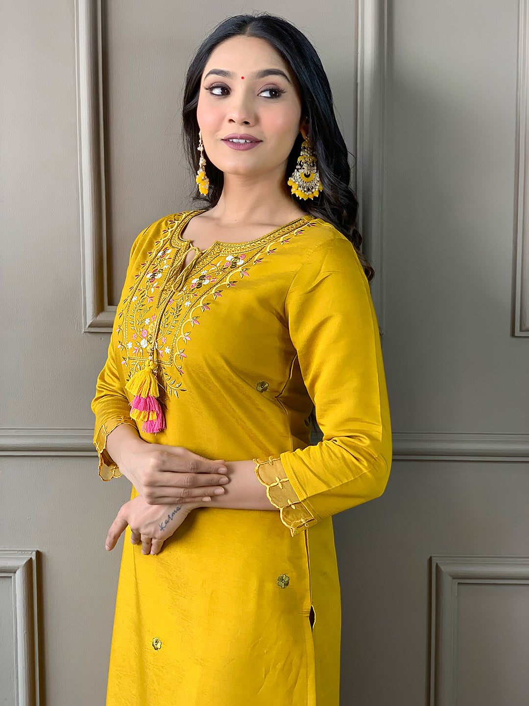 Mustard Chanderi Embroidered Straight Kurta Set with Pant & Crepe Silk Dupatta