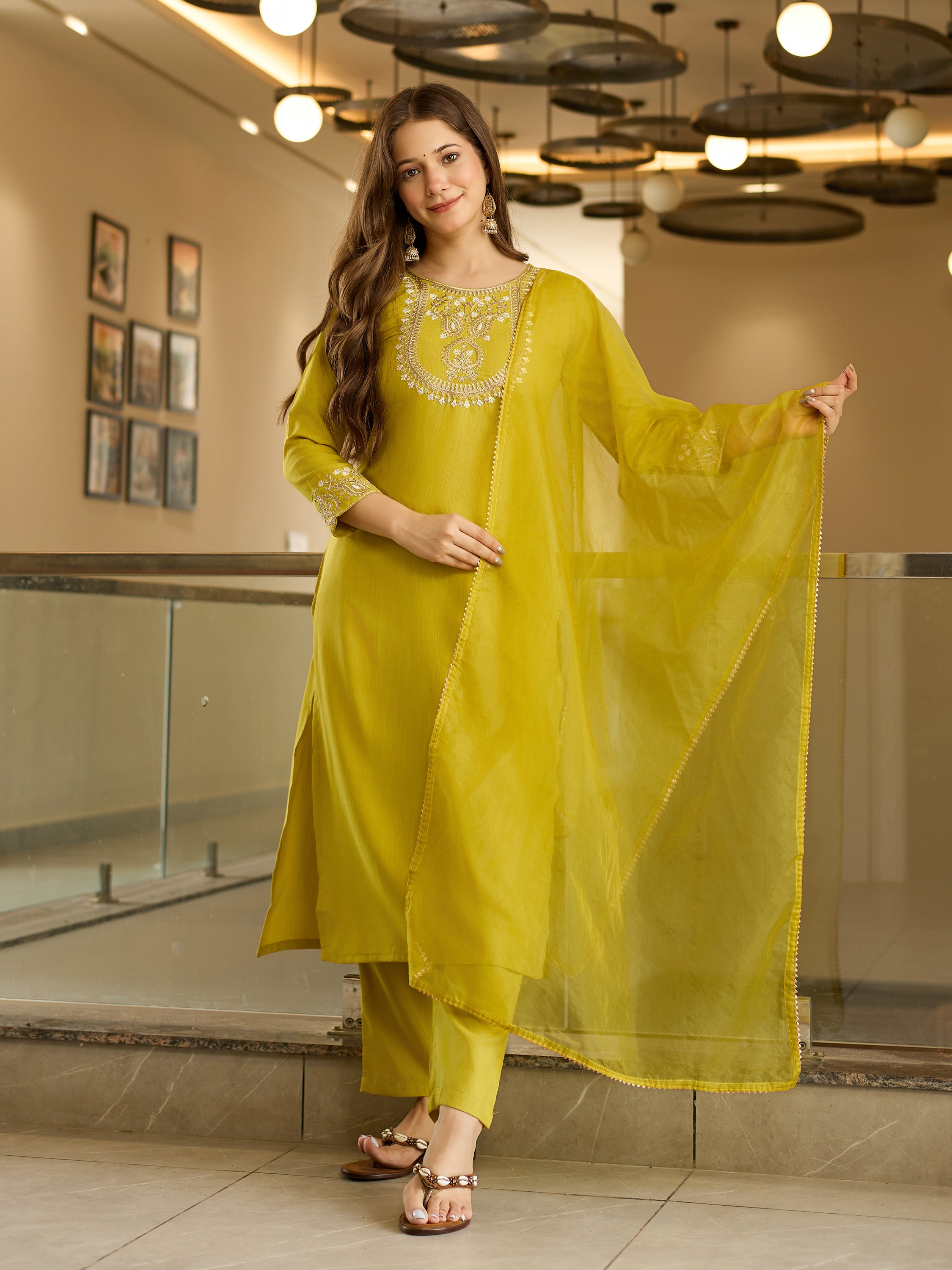 Rayon Slub Embroidered Straight Kurta with Rayon Slub Pant & Organza Laced Dupatta Set