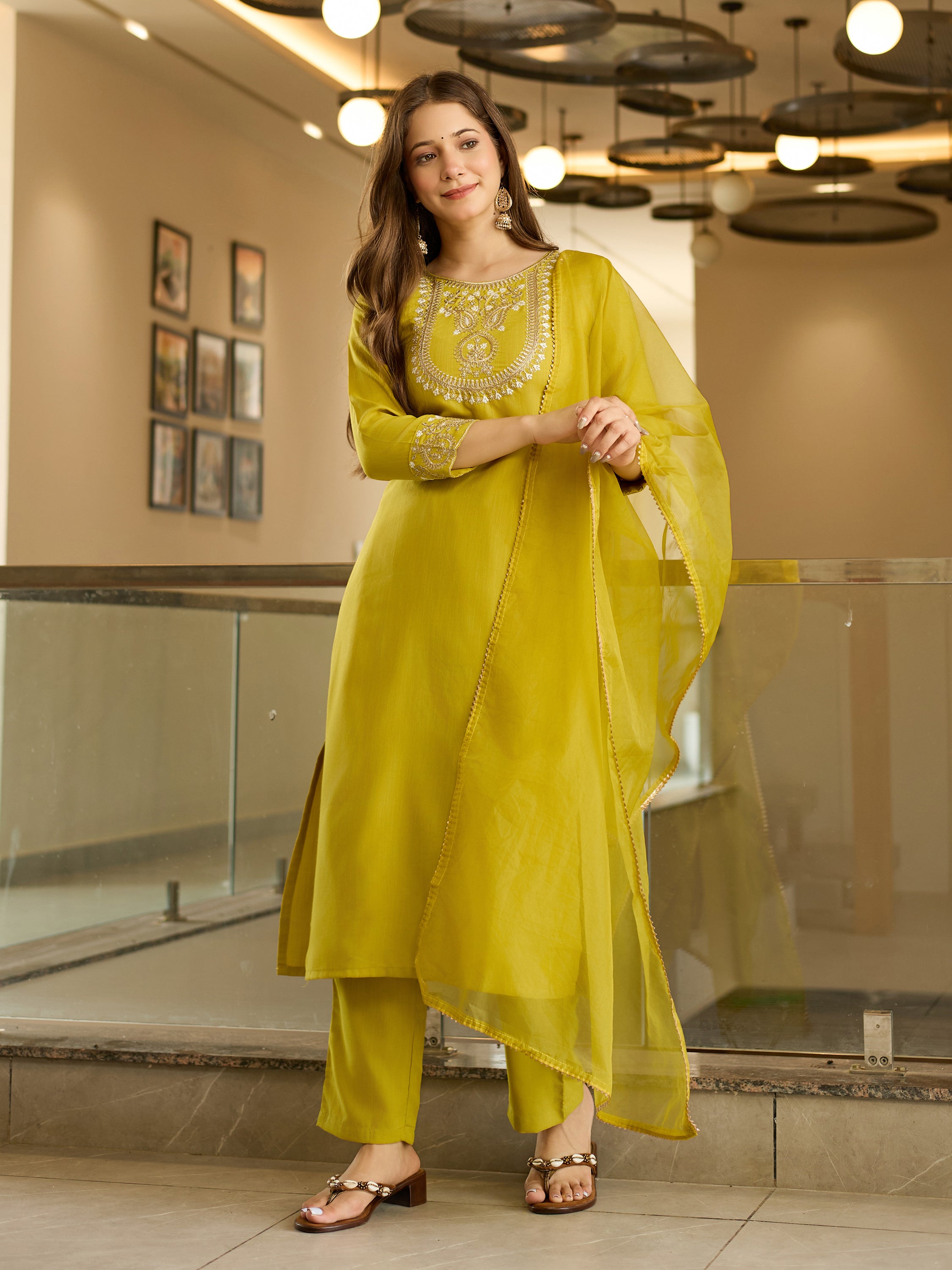 Rayon Slub Embroidered Straight Kurta with Rayon Slub Pant & Organza Laced Dupatta Set