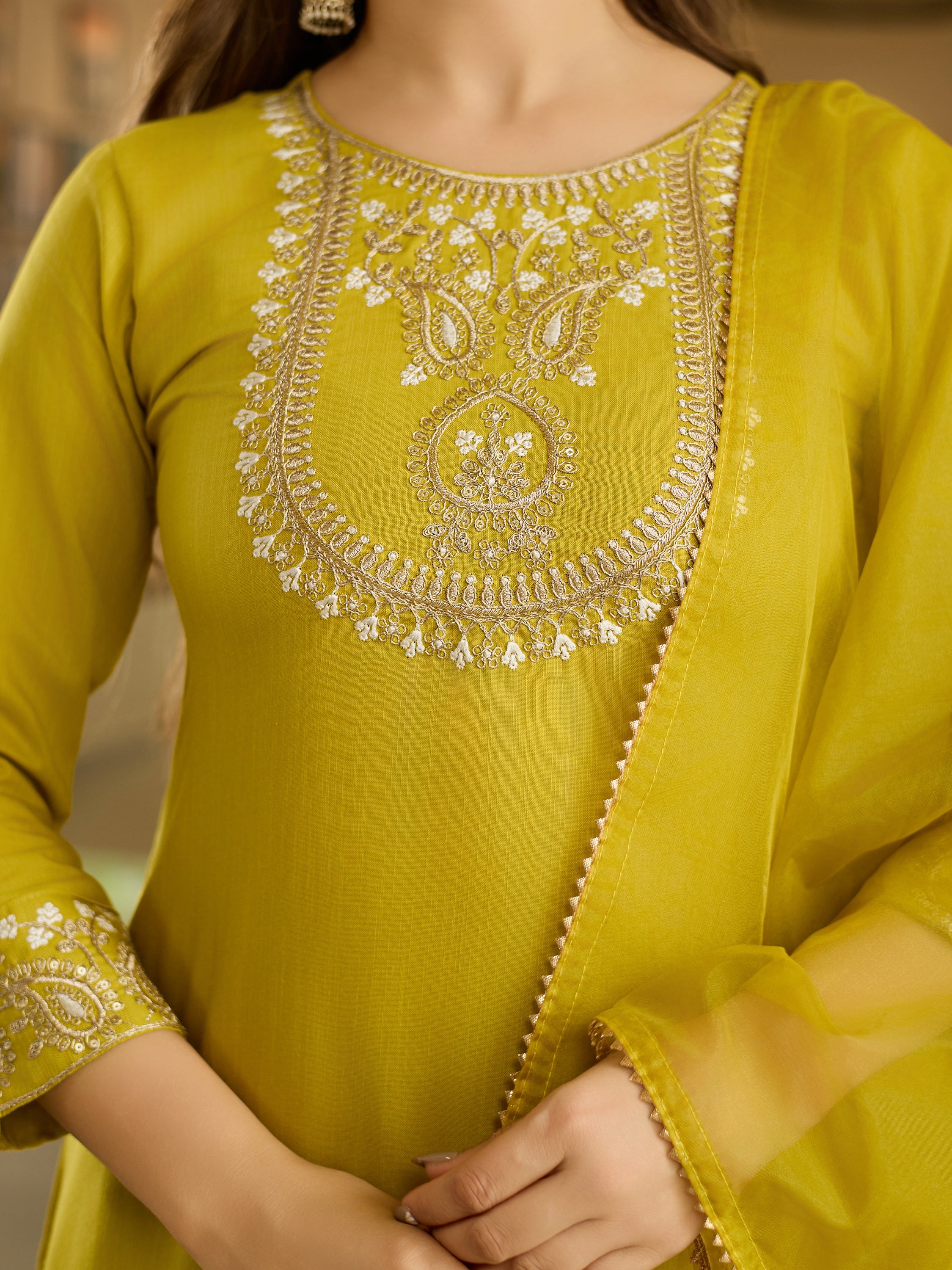 Rayon Slub Embroidered Straight Kurta with Rayon Slub Pant & Organza Laced Dupatta Set