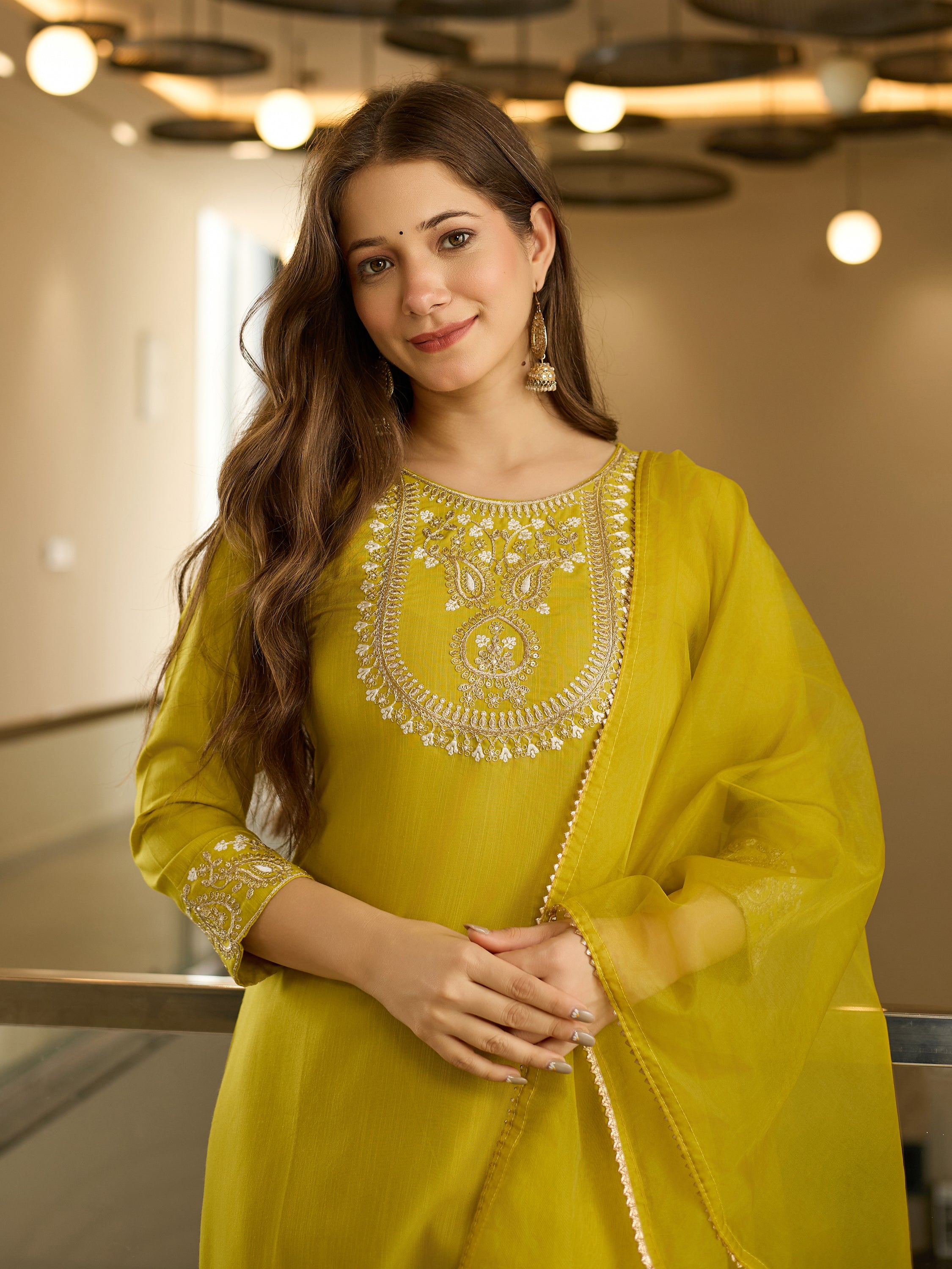 Rayon Slub Embroidered Straight Kurta with Rayon Slub Pant & Organza Laced Dupatta Set
