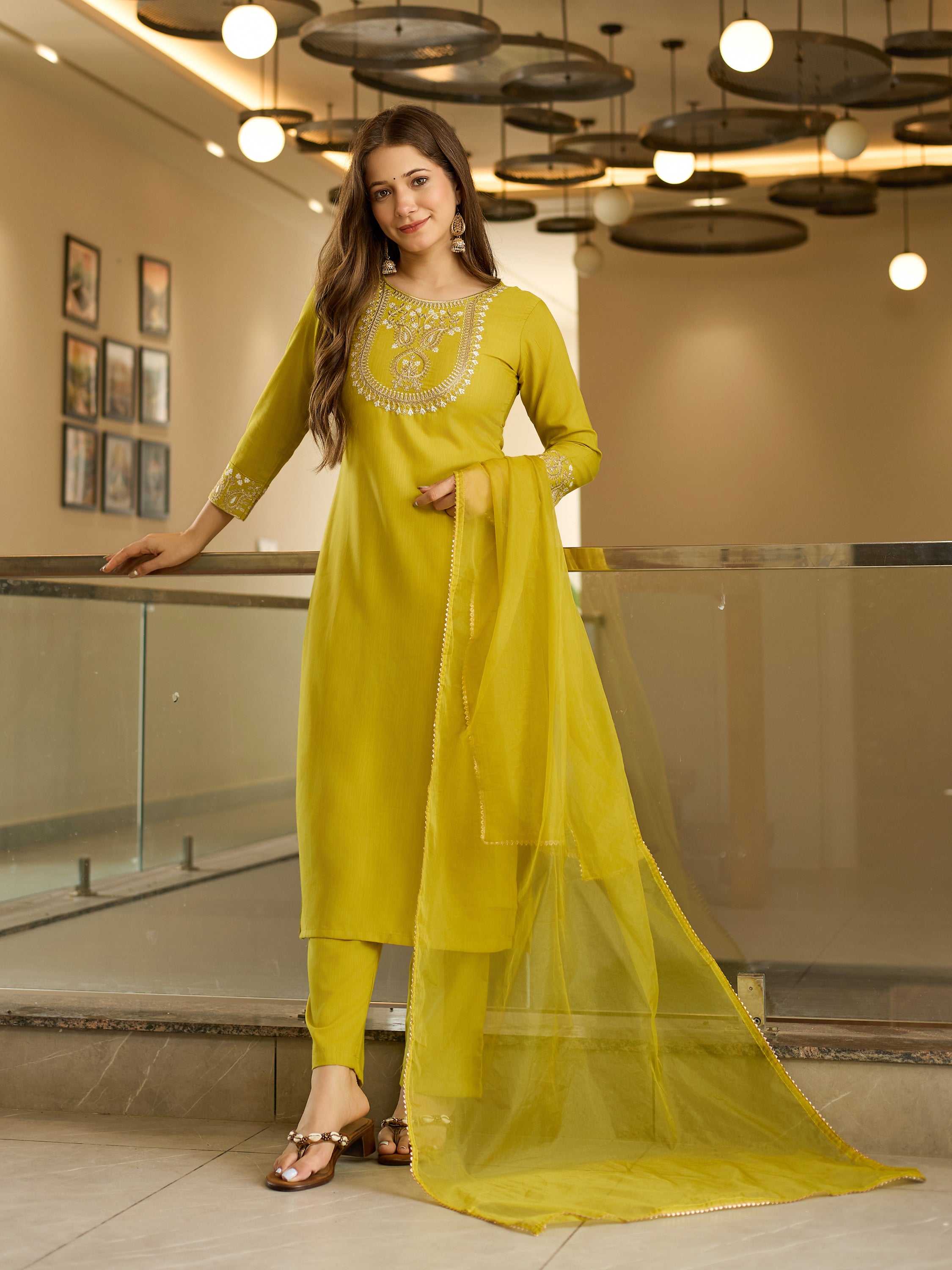 Rayon Slub Embroidered Straight Kurta with Rayon Slub Pant & Organza Laced Dupatta Set