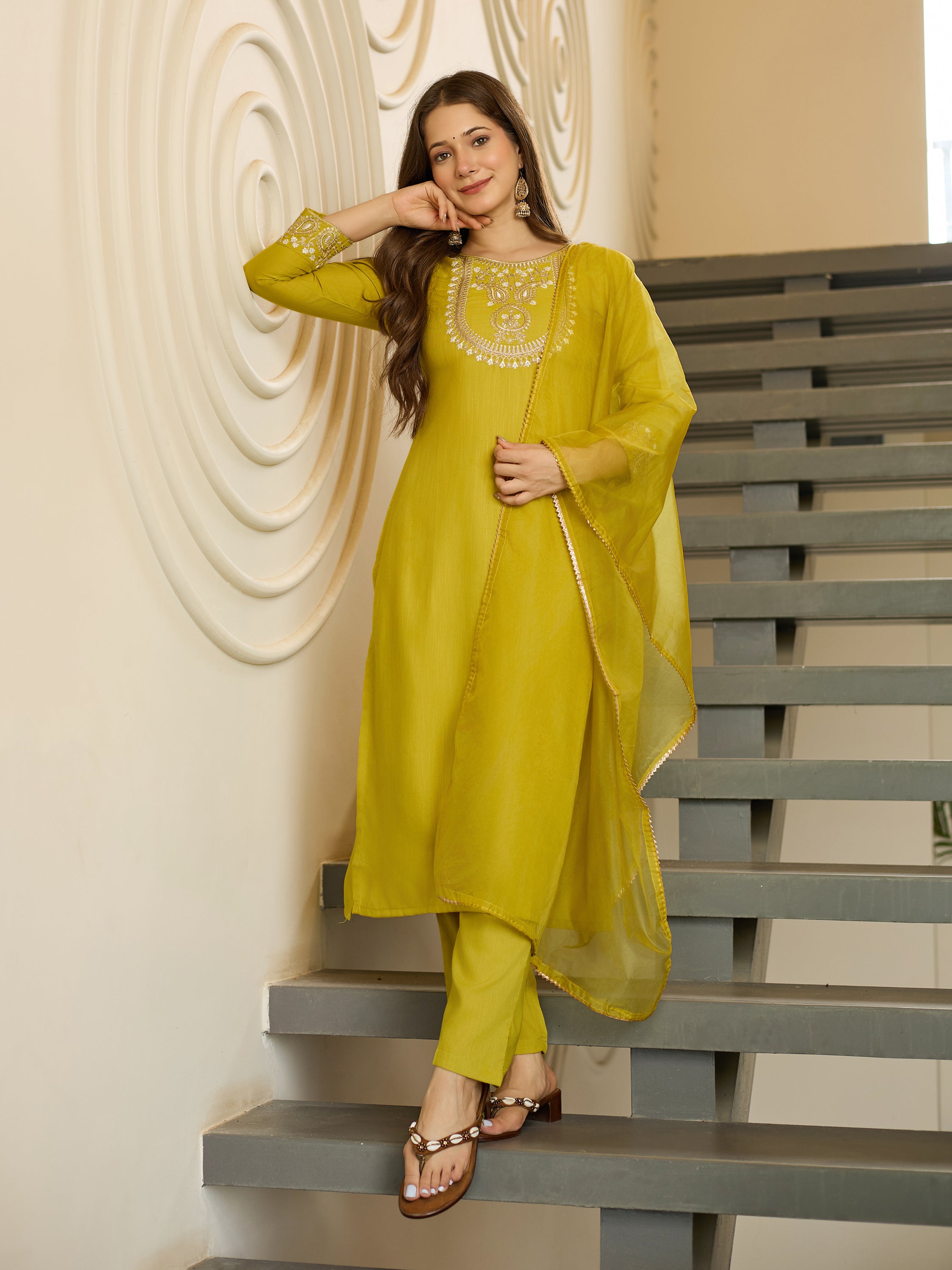 Rayon Slub Embroidered Straight Kurta with Rayon Slub Pant & Organza Laced Dupatta Set
