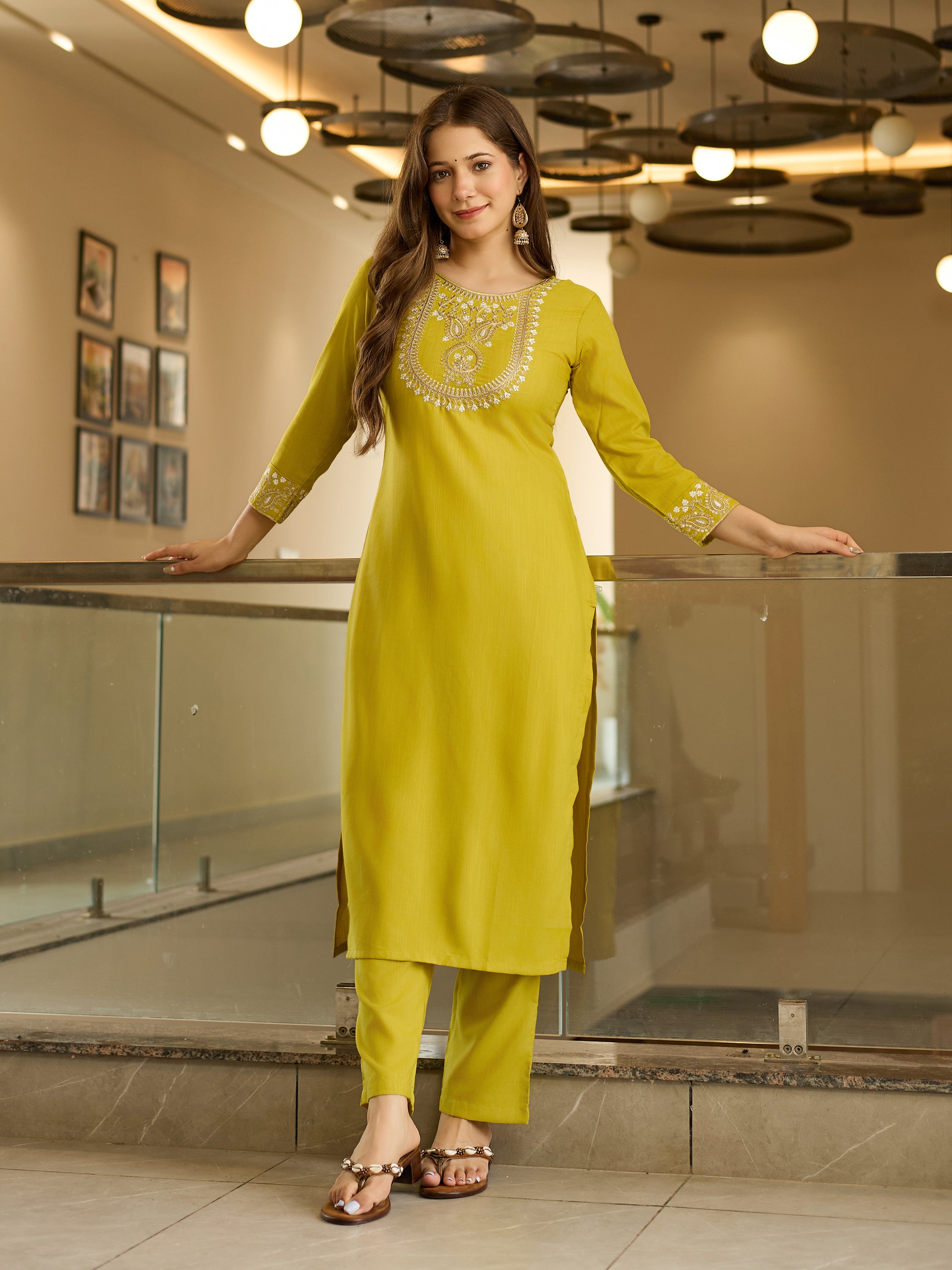 Rayon Slub Embroidered Straight Kurta with Rayon Slub Pant & Organza Laced Dupatta Set