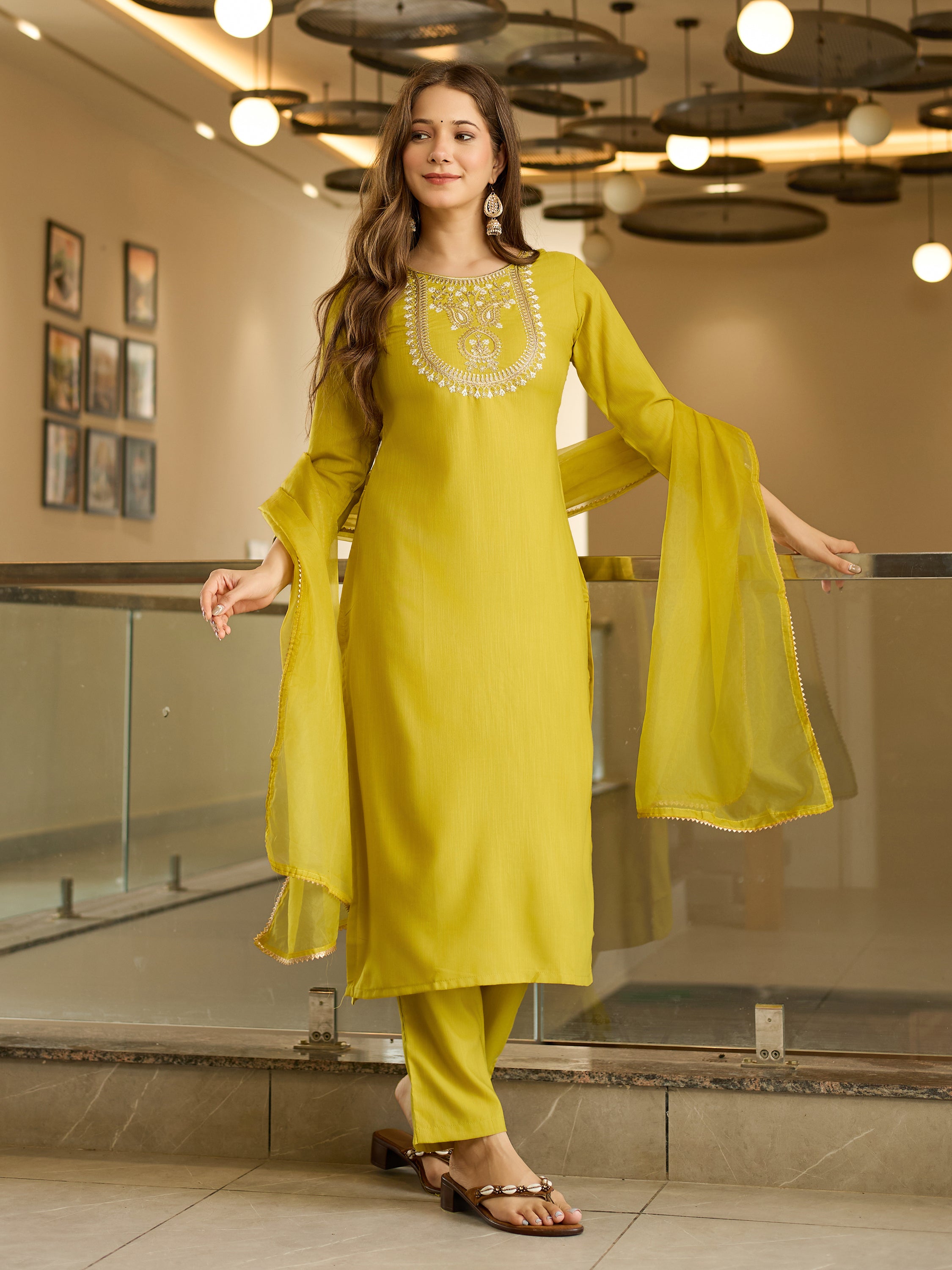 Rayon Slub Embroidered Straight Kurta with Rayon Slub Pant & Organza Laced Dupatta Set