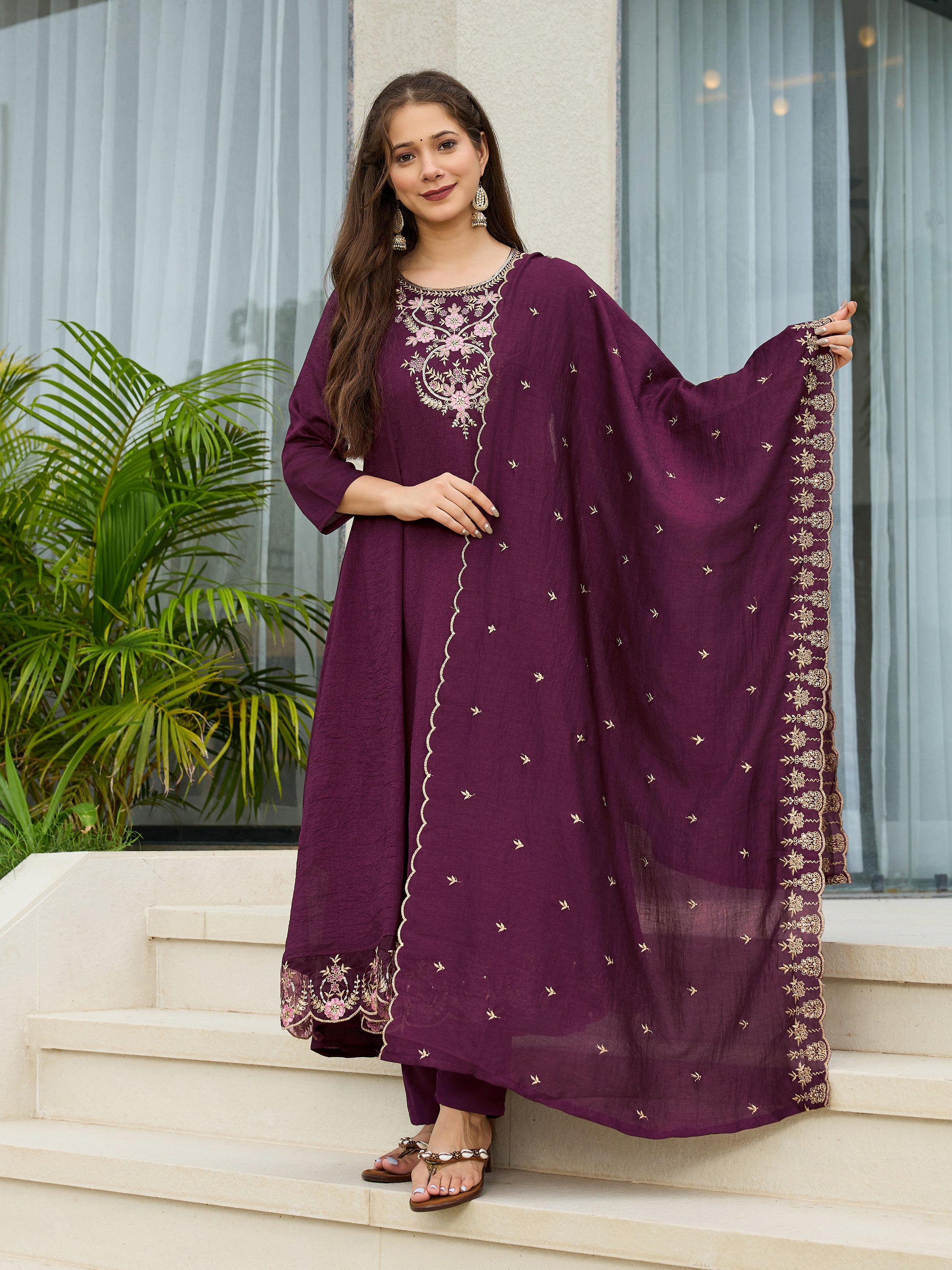 Wine Vichitra Silk Embroidered A-Line Kurta with Pant & Dupatta Set