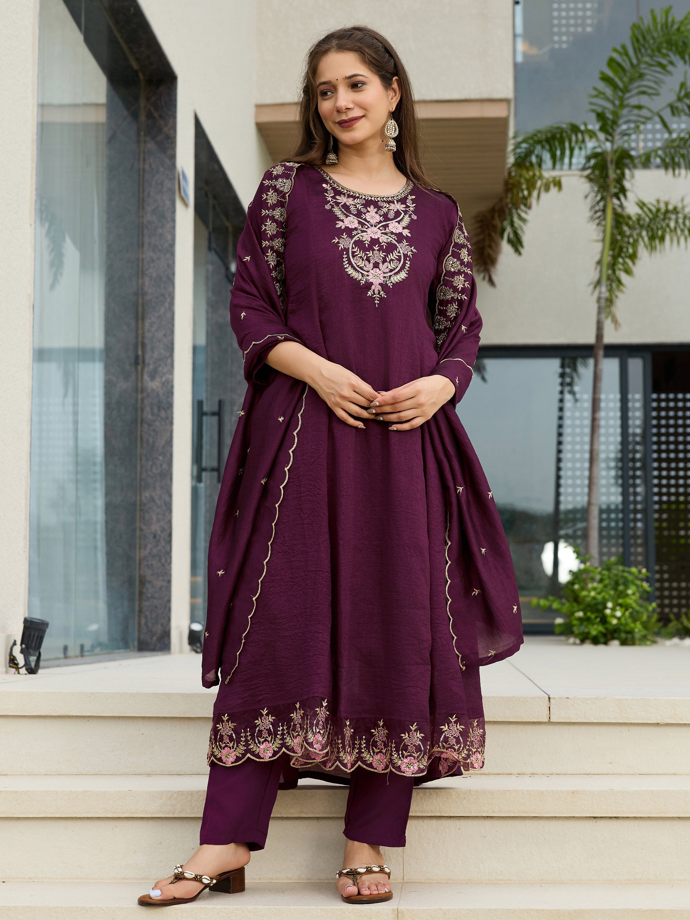 Wine Vichitra Silk Embroidered A-Line Kurta with Pant & Dupatta Set