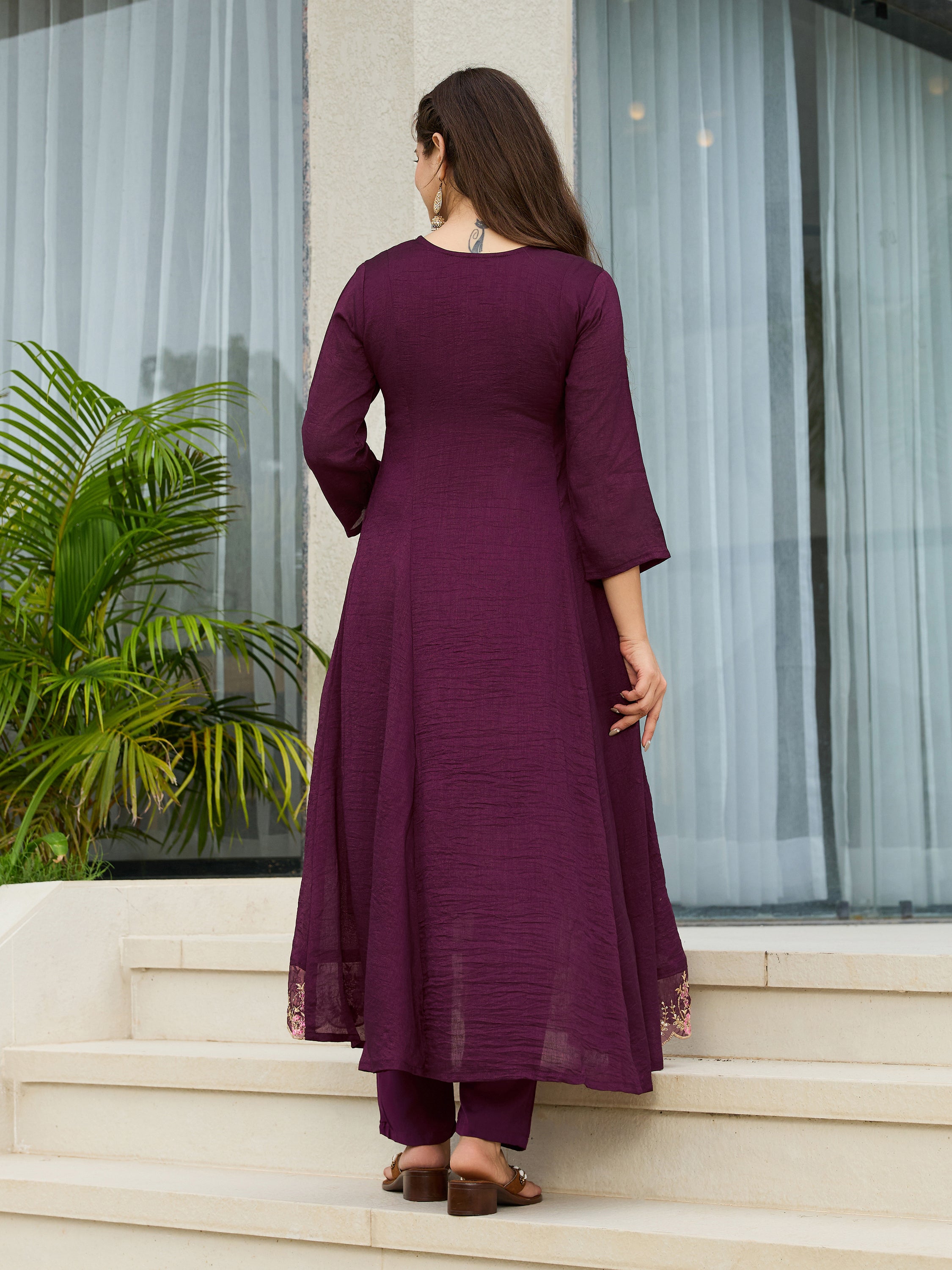 Wine Vichitra Silk Embroidered A-Line Kurta with Pant & Dupatta Set