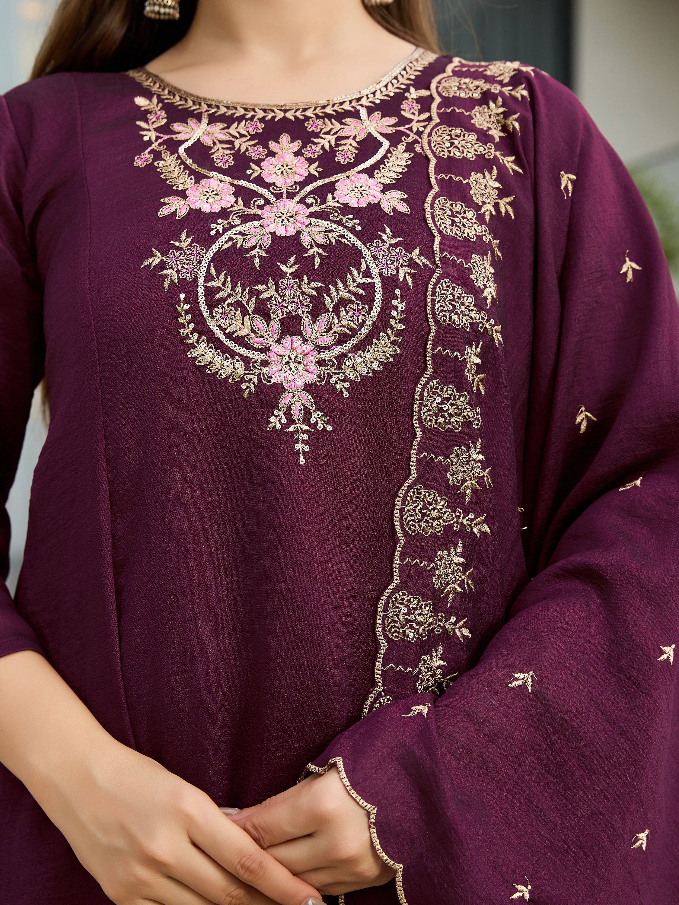 Wine Vichitra Silk Embroidered A-Line Kurta with Pant & Dupatta Set