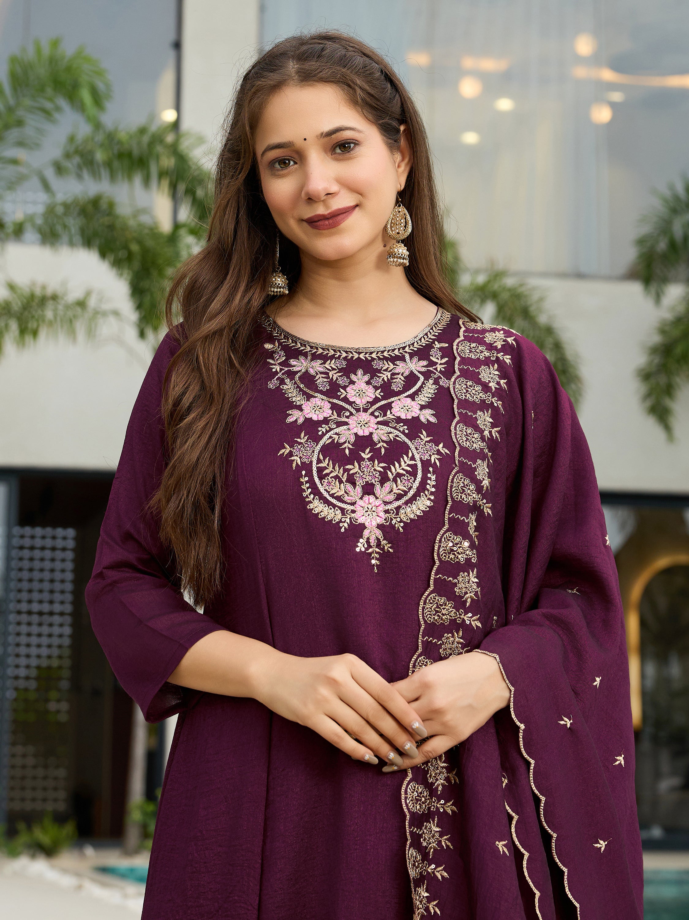 Wine Vichitra Silk Embroidered A-Line Kurta with Pant & Dupatta Set