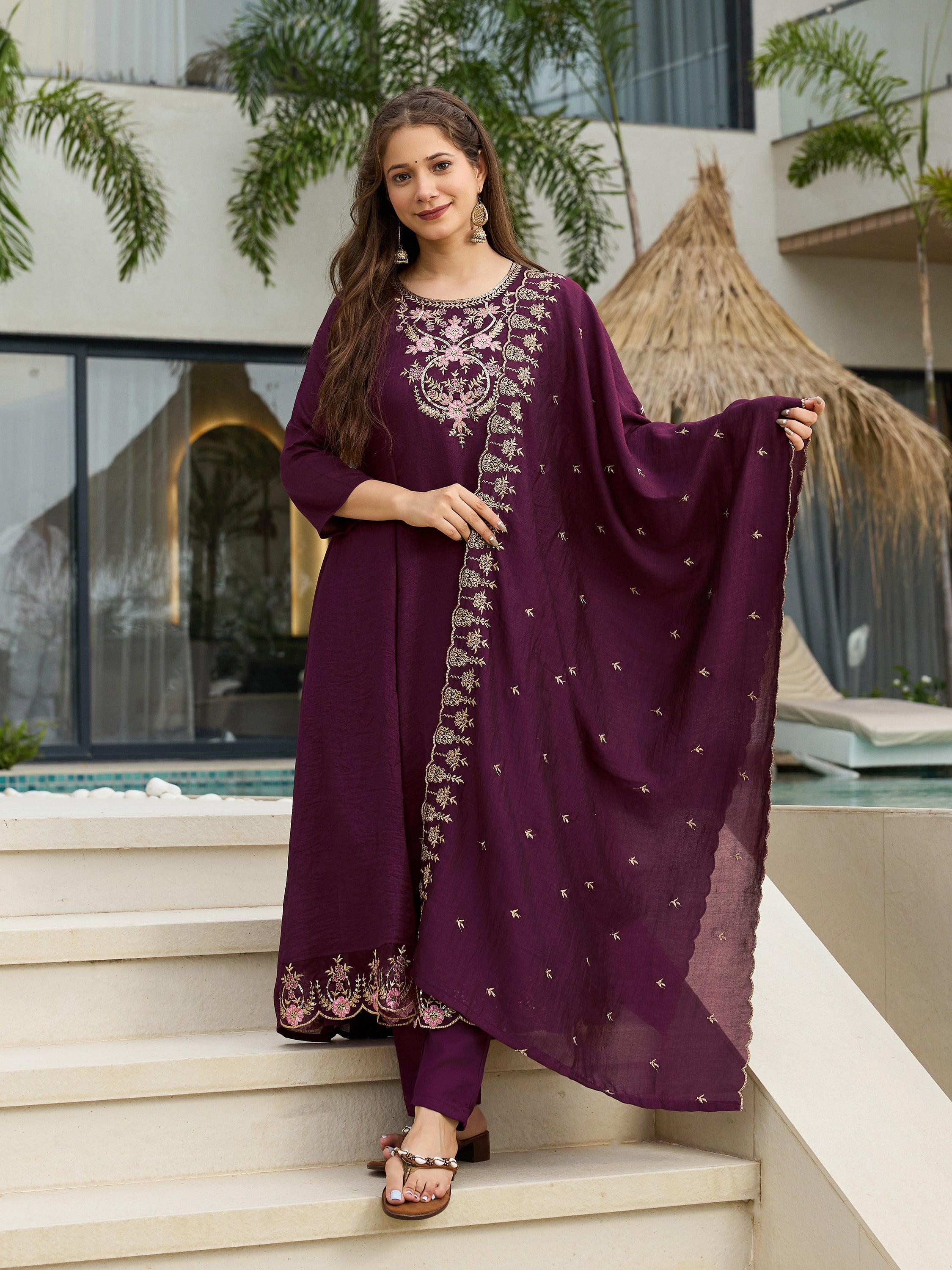 Wine Vichitra Silk Embroidered A-Line Kurta with Pant & Dupatta Set