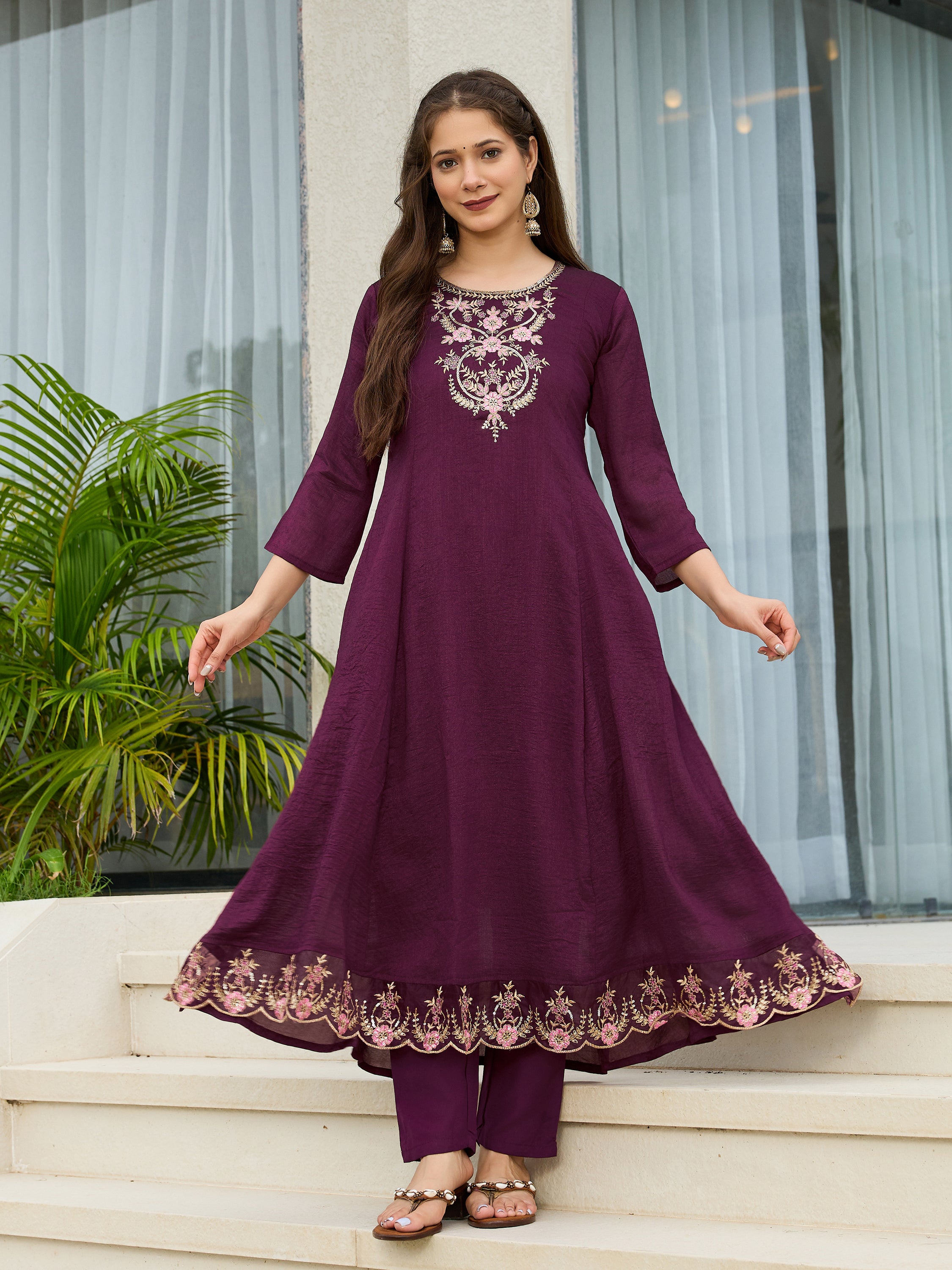 Wine Vichitra Silk Embroidered A-Line Kurta with Pant & Dupatta Set