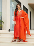 Women’s Silk Chiffon Embroidered A-Line Kurta with Pant & Dupatta Set | Orange & Blue