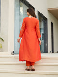 Women’s Silk Chiffon Embroidered A-Line Kurta with Pant & Dupatta Set | Orange & Blue
