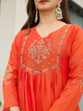 Women’s Silk Chiffon Embroidered A-Line Kurta with Pant & Dupatta Set | Orange & Blue