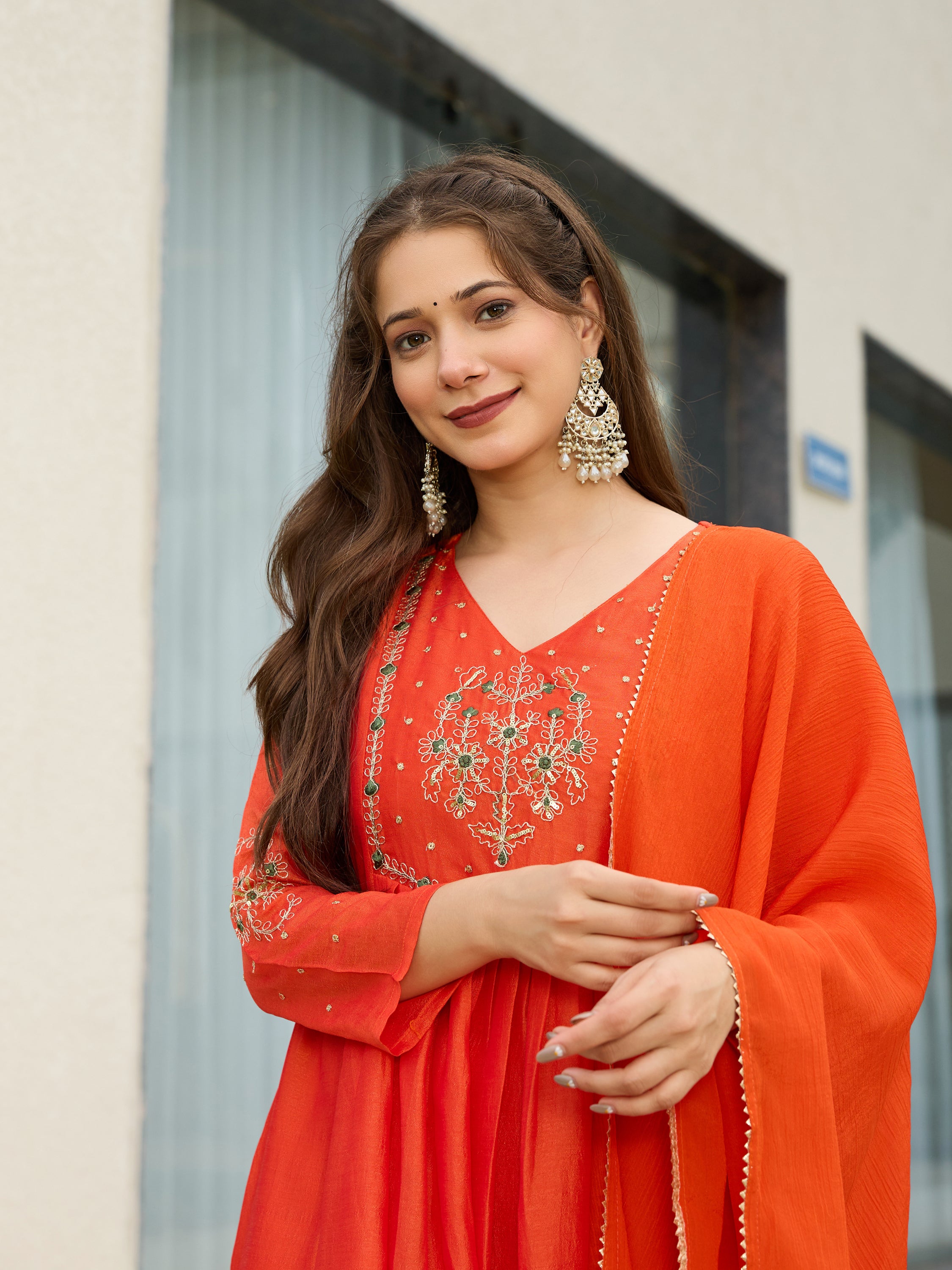 Women’s Silk Chiffon Embroidered A-Line Kurta with Pant & Dupatta Set | Orange & Blue