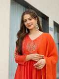 Women’s Silk Chiffon Embroidered A-Line Kurta with Pant & Dupatta Set | Orange & Blue