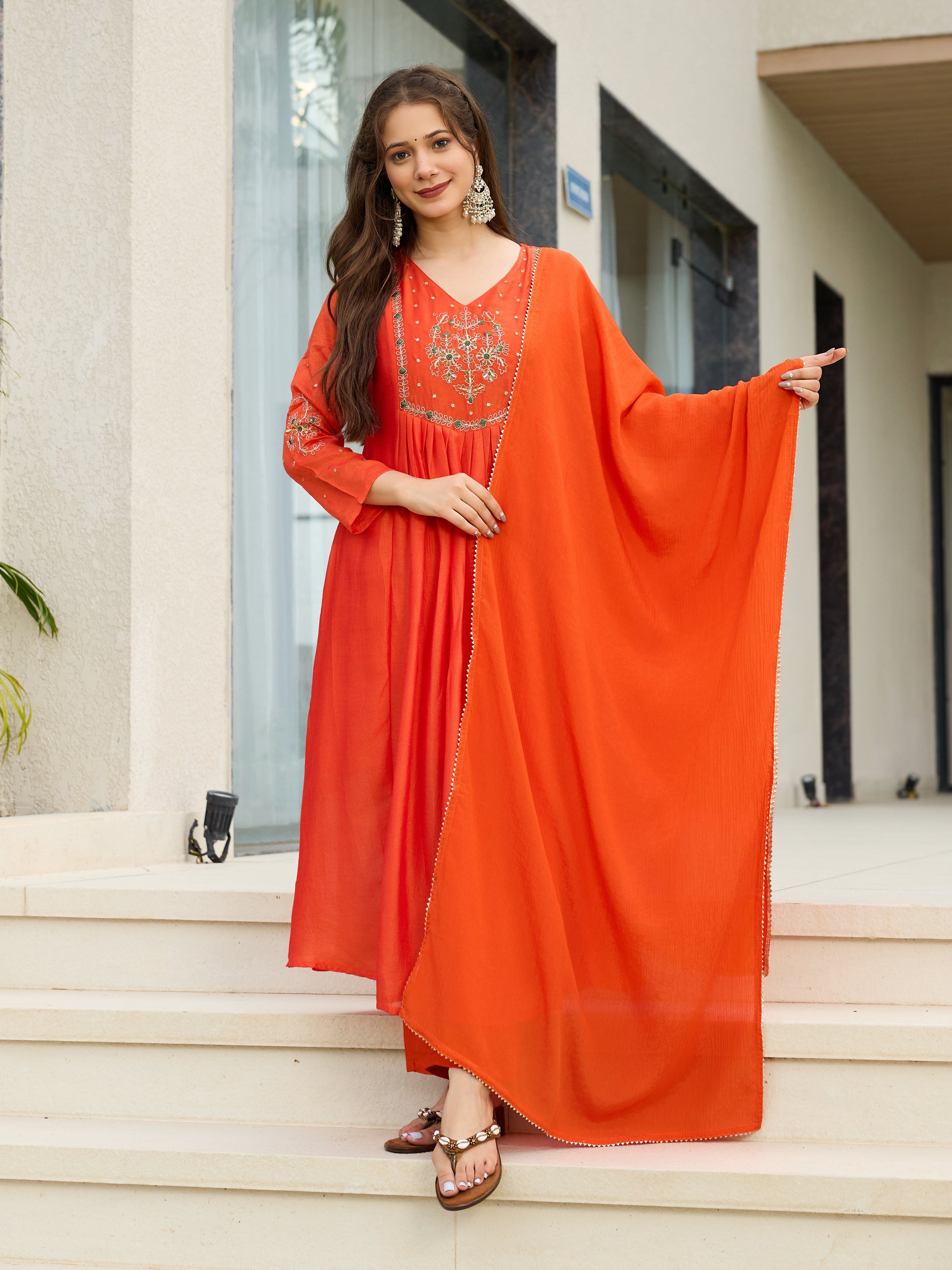 Women’s Silk Chiffon Embroidered A-Line Kurta with Pant & Dupatta Set | Orange & Blue