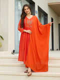 Women’s Silk Chiffon Embroidered A-Line Kurta with Pant & Dupatta Set | Orange & Blue