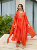 Women’s Silk Chiffon Embroidered A-Line Kurta with Pant & Dupatta Set | Orange & Blue