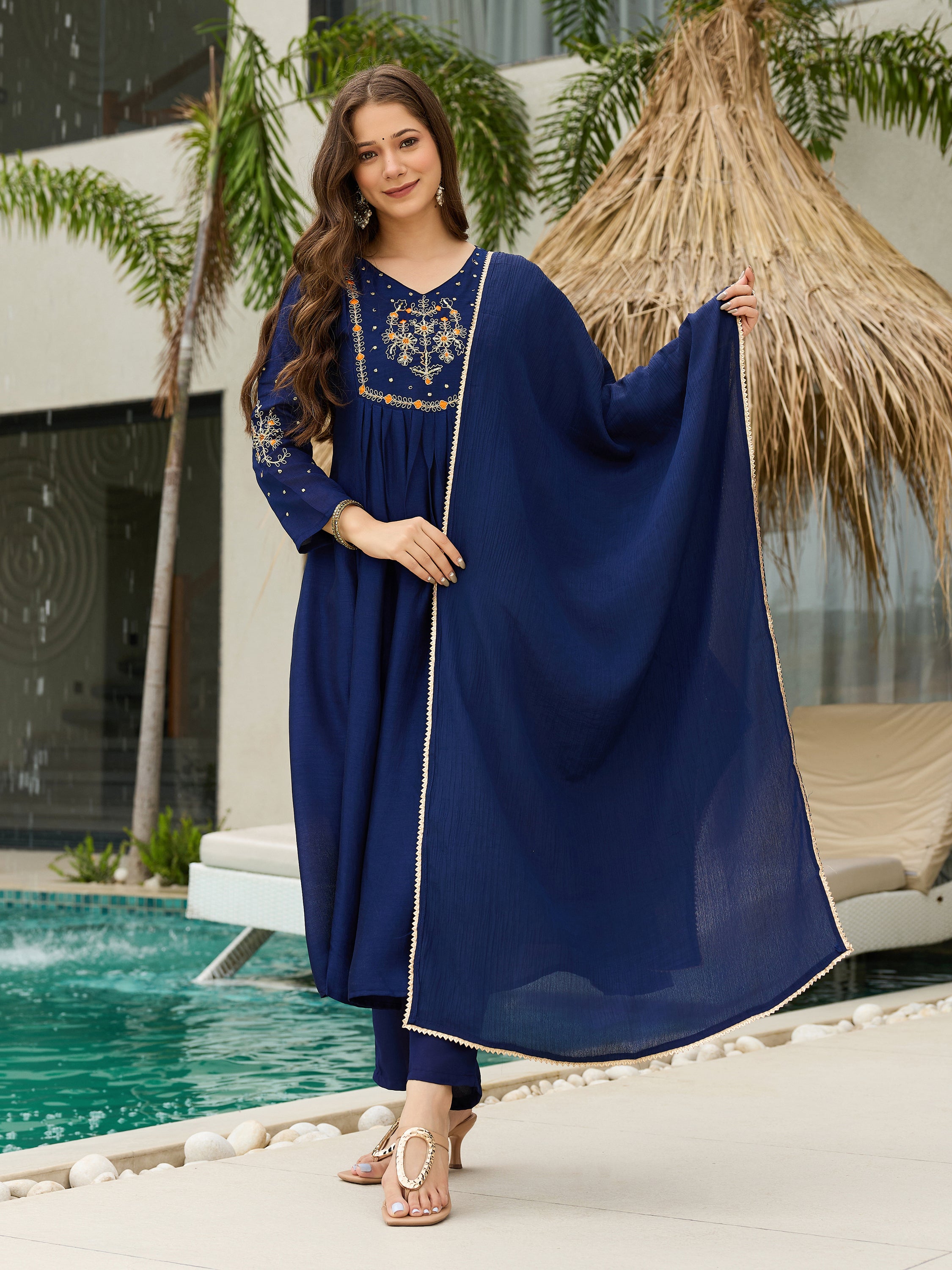 Women’s Silk Chiffon Embroidered A-Line Kurta with Pant & Dupatta Set | Orange & Blue