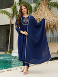Women’s Silk Chiffon Embroidered A-Line Kurta with Pant & Dupatta Set | Orange & Blue