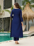Women’s Silk Chiffon Embroidered A-Line Kurta with Pant & Dupatta Set | Orange & Blue