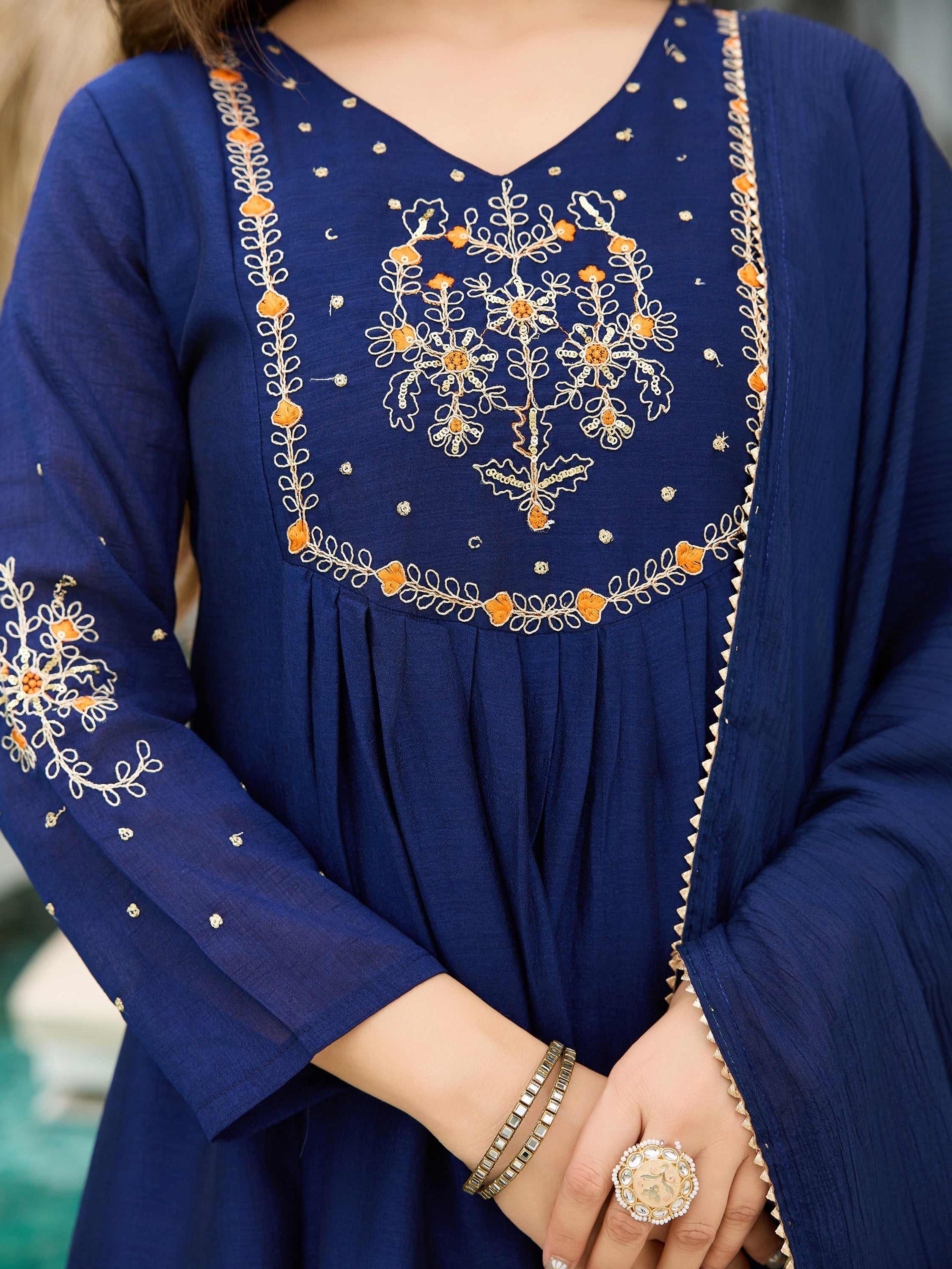 Women’s Silk Chiffon Embroidered A-Line Kurta with Pant & Dupatta Set | Orange & Blue