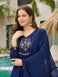 Women’s Silk Chiffon Embroidered A-Line Kurta with Pant & Dupatta Set | Orange & Blue