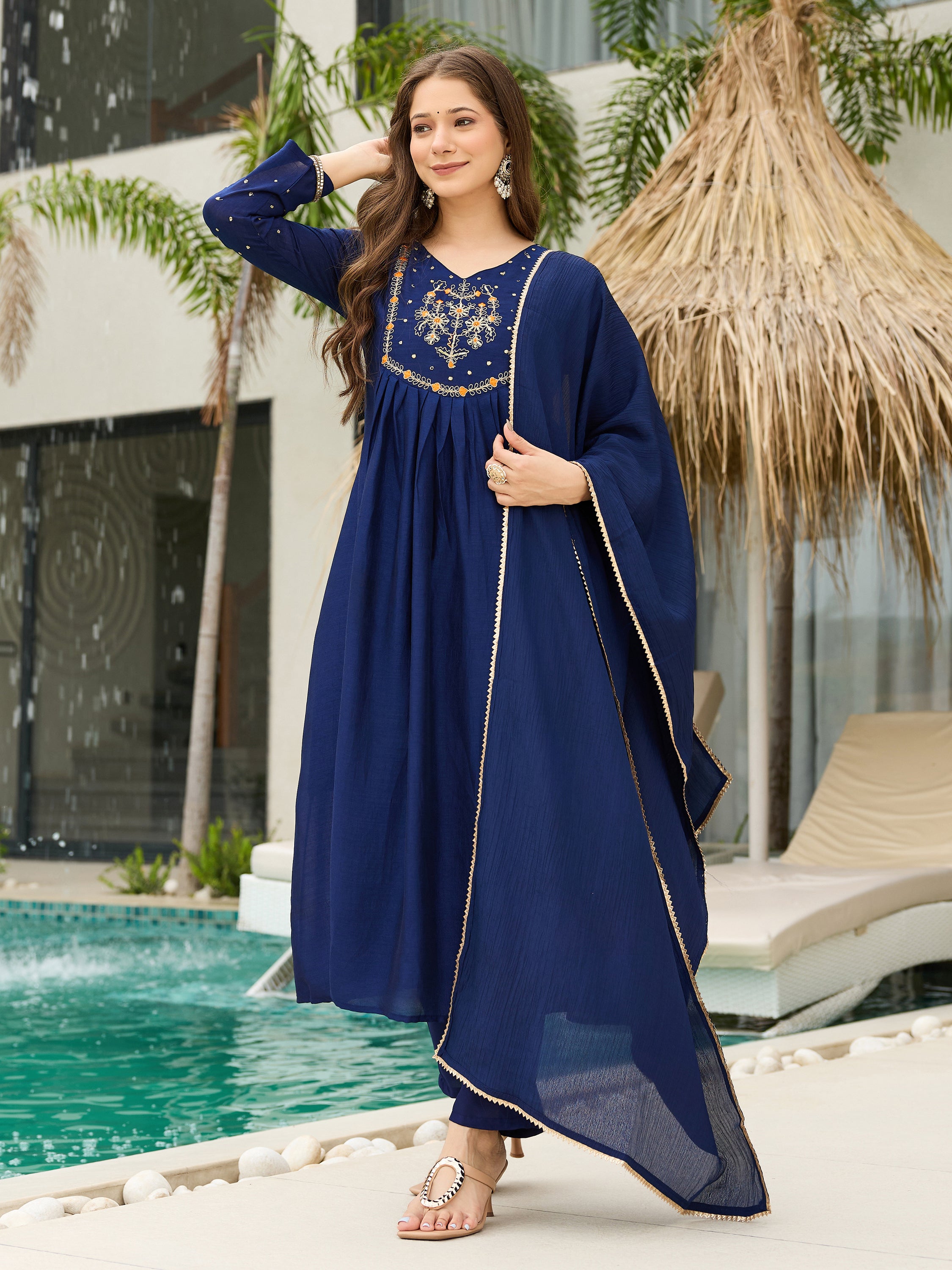 Women’s Silk Chiffon Embroidered A-Line Kurta with Pant & Dupatta Set | Orange & Blue