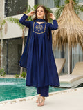 Women’s Silk Chiffon Embroidered A-Line Kurta with Pant & Dupatta Set | Orange & Blue