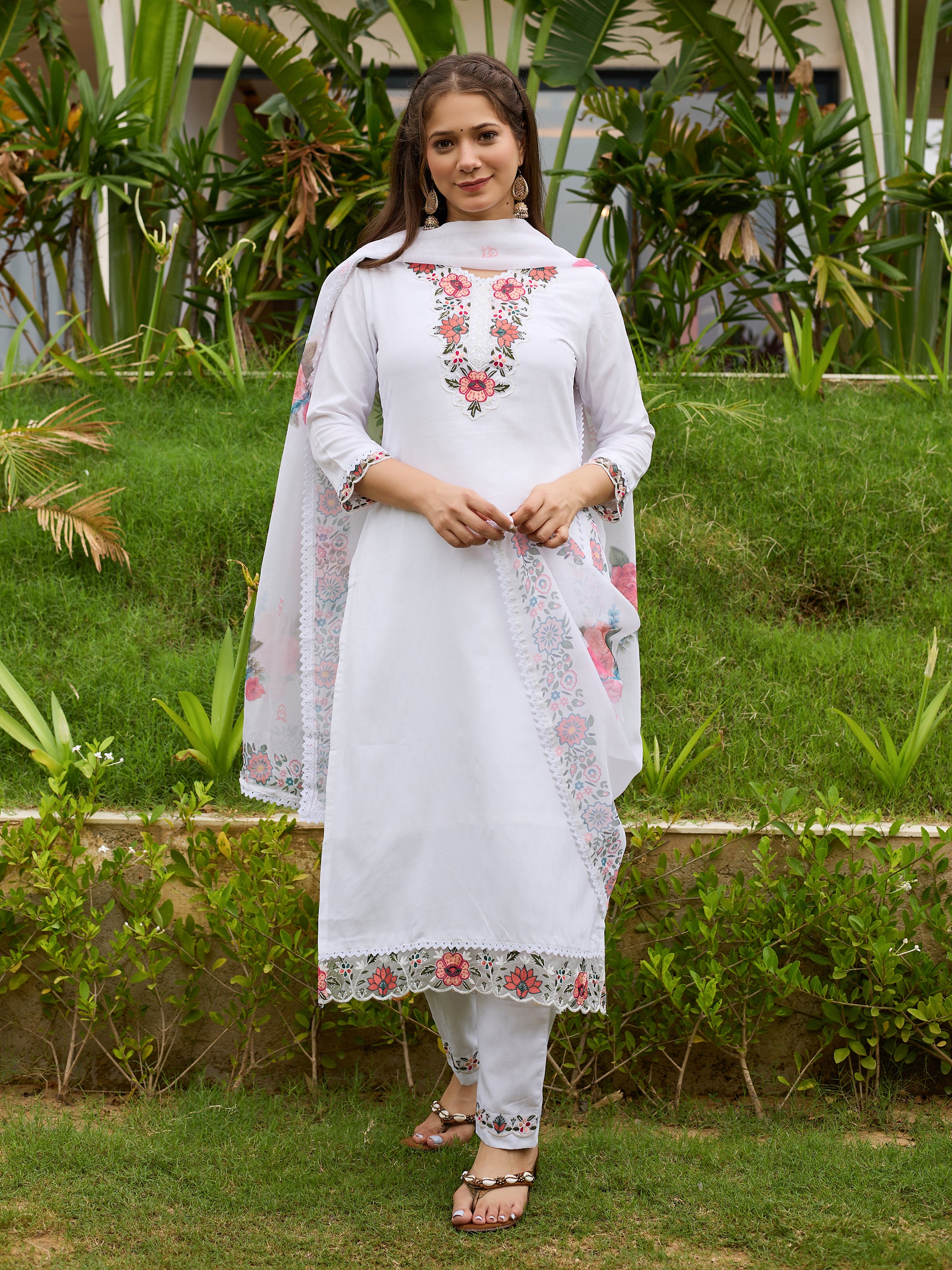 White Viscose Embroidered Straight Kurta Pant Dupatta Set