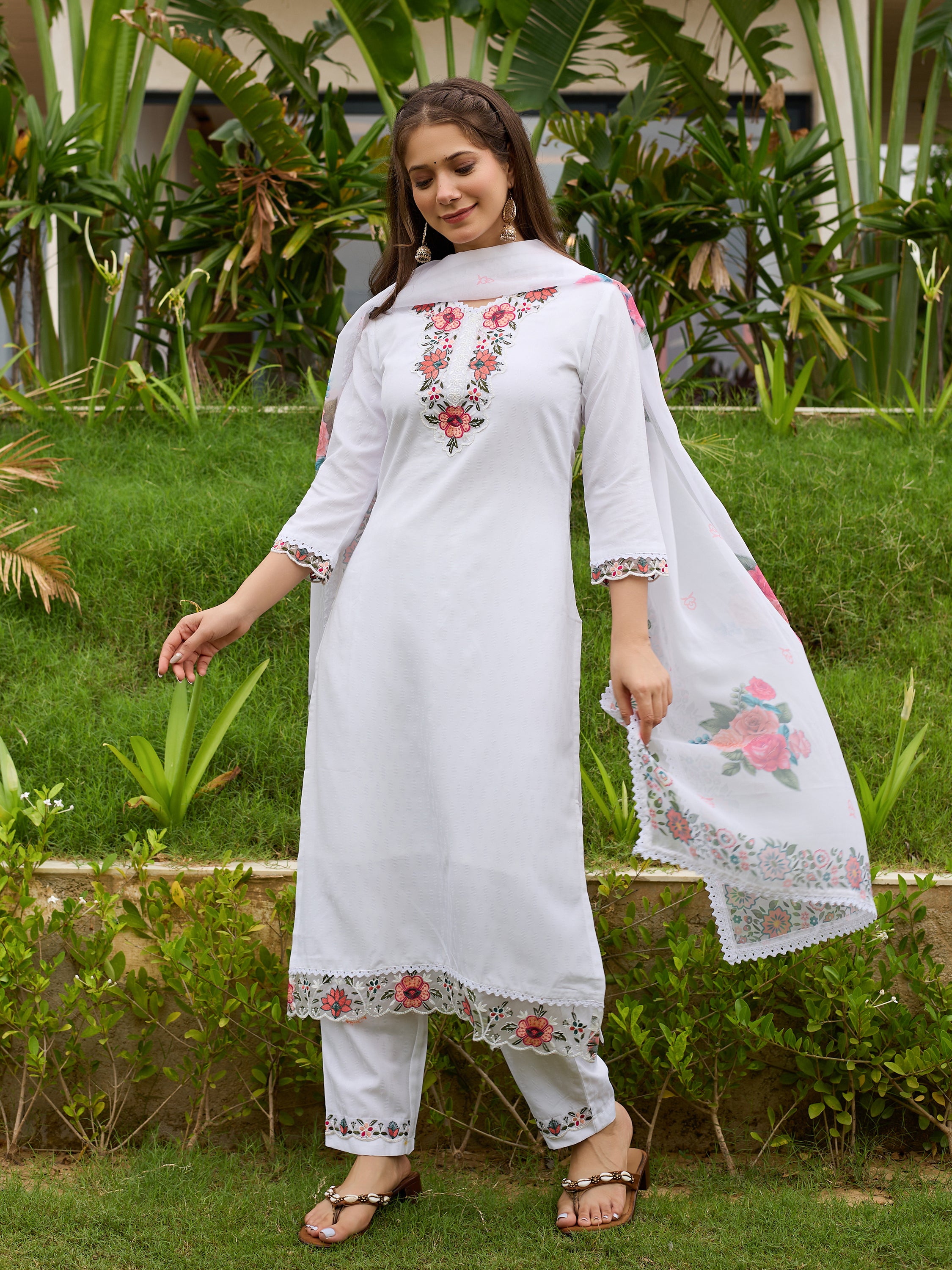White Viscose Embroidered Straight Kurta Pant Dupatta Set