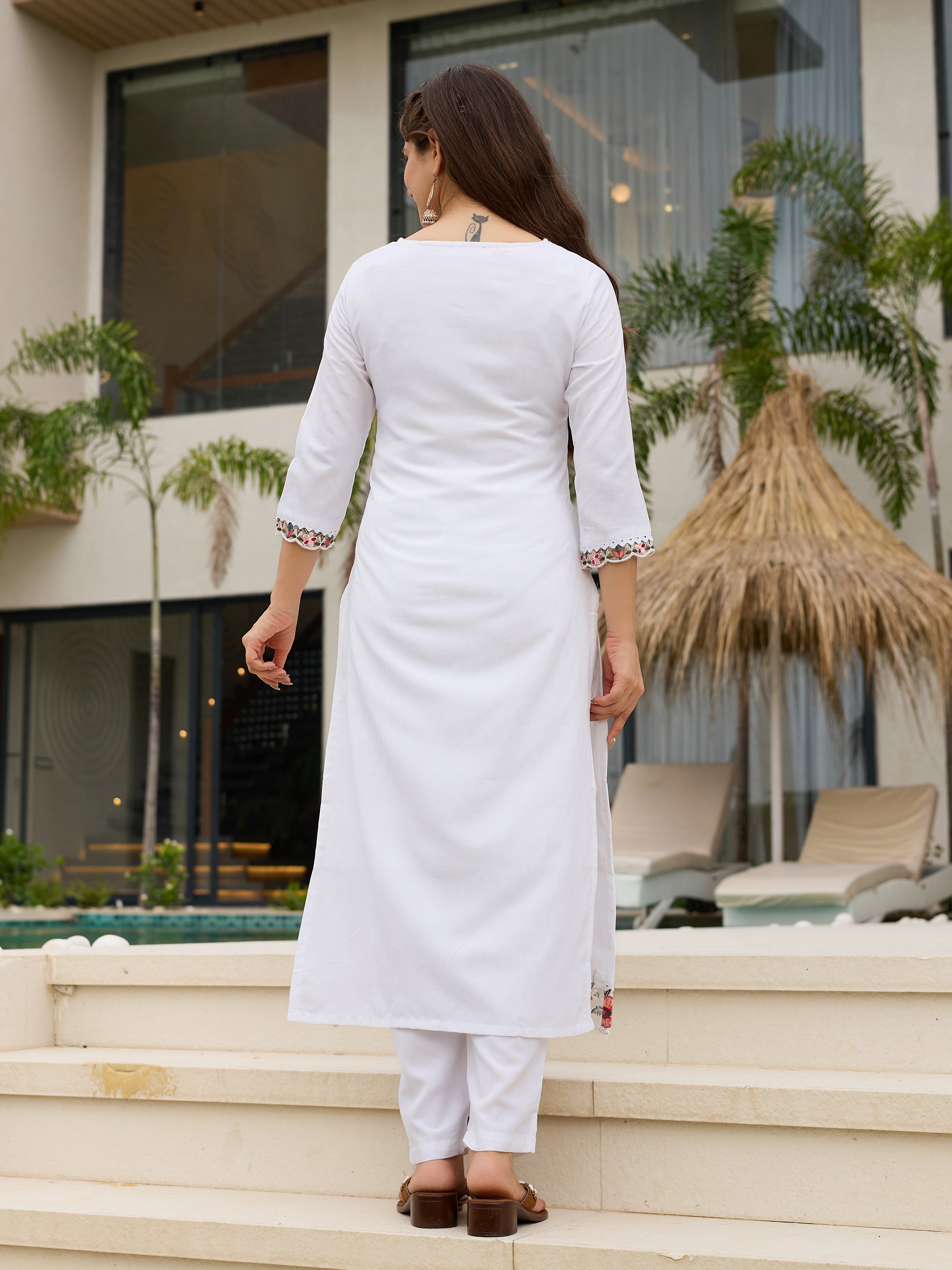 White Viscose Embroidered Straight Kurta Pant Dupatta Set