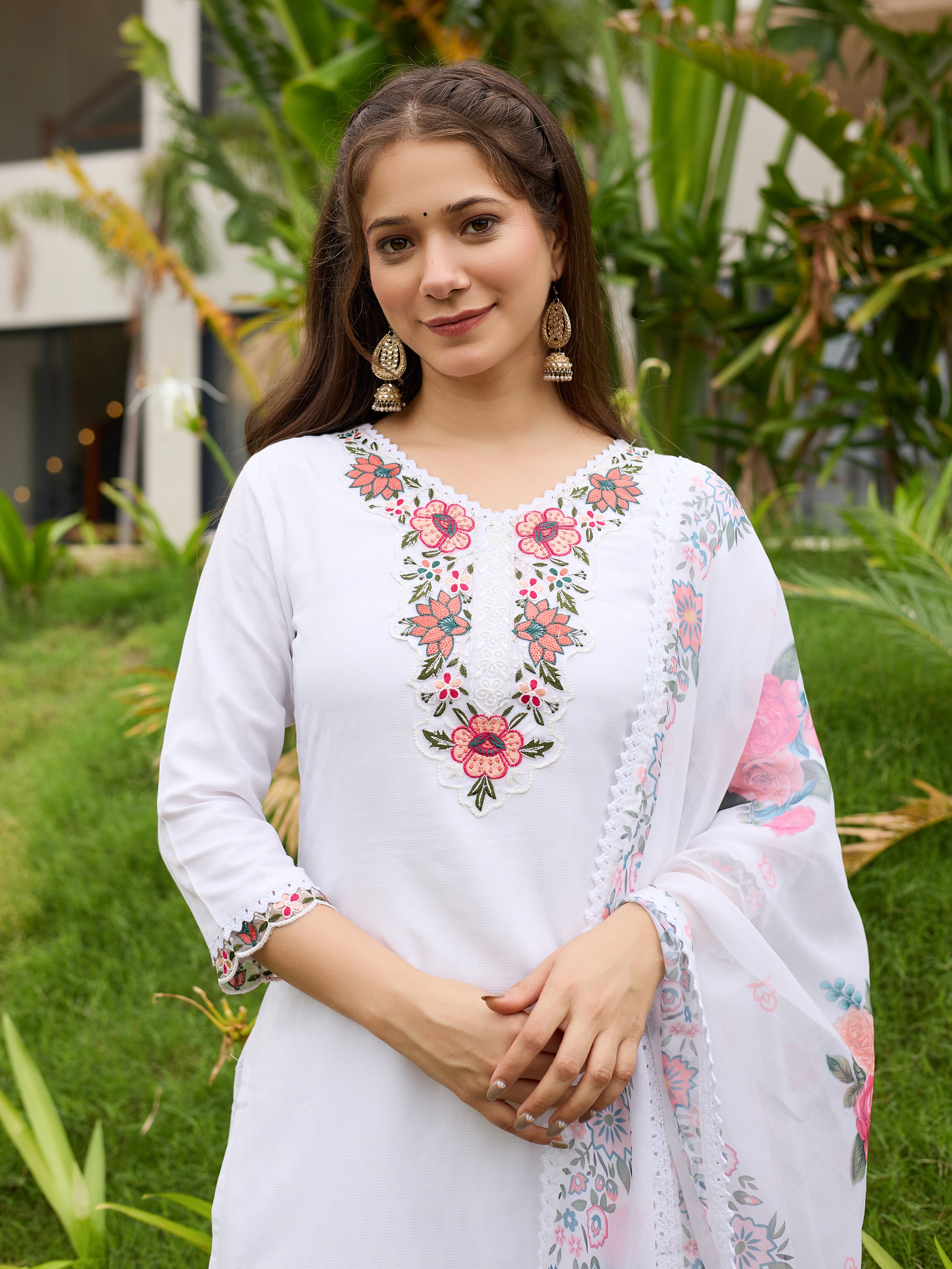 White Viscose Embroidered Straight Kurta Pant Dupatta Set