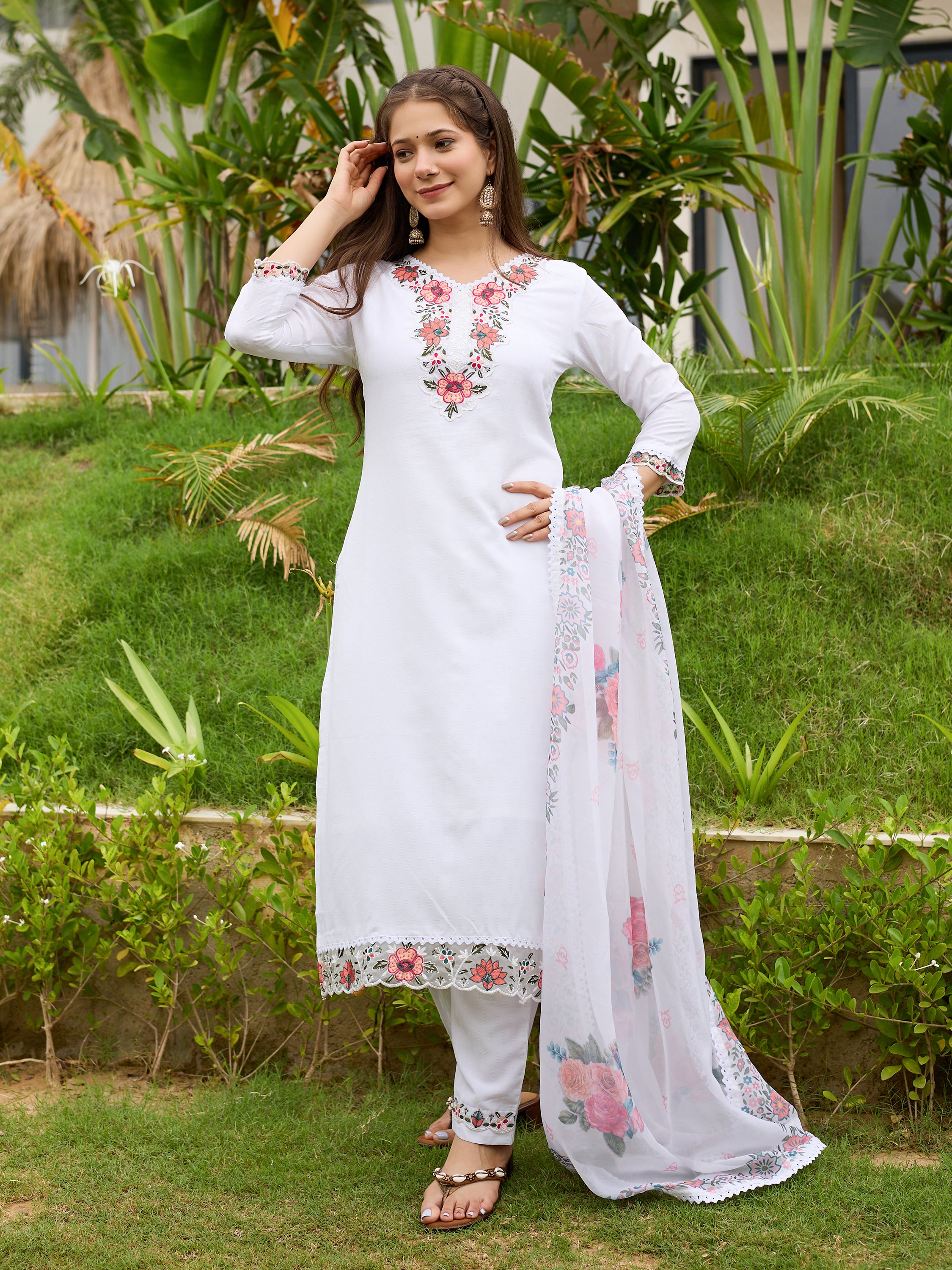 White Viscose Embroidered Straight Kurta Pant Dupatta Set