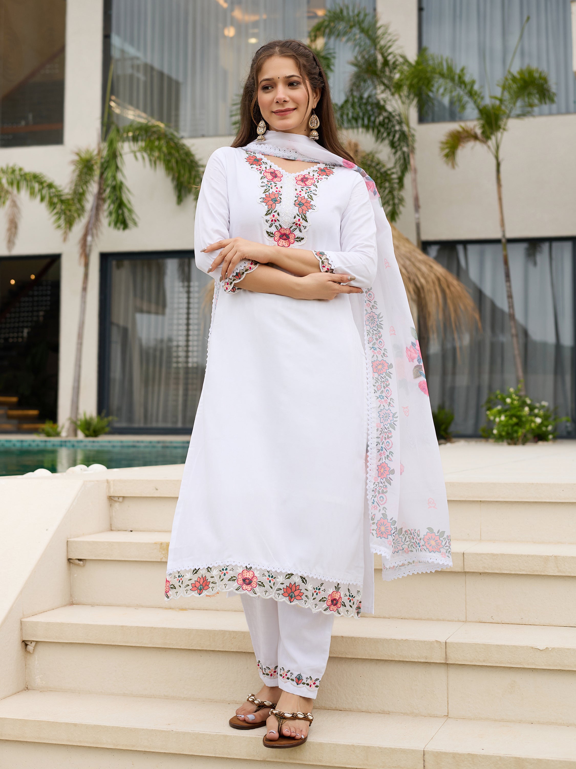 White Viscose Embroidered Straight Kurta Pant Dupatta Set