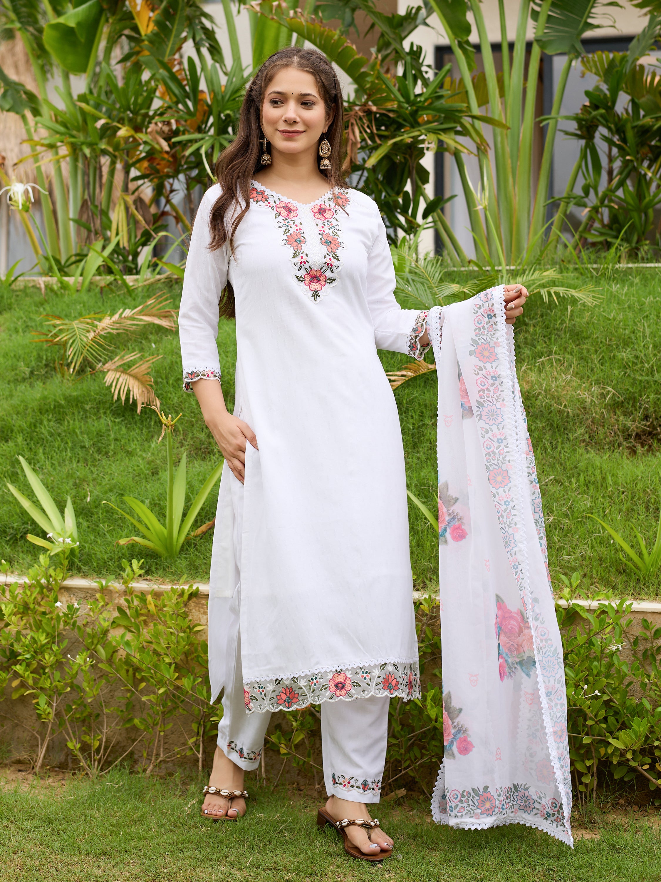 White Viscose Embroidered Straight Kurta Pant Dupatta Set
