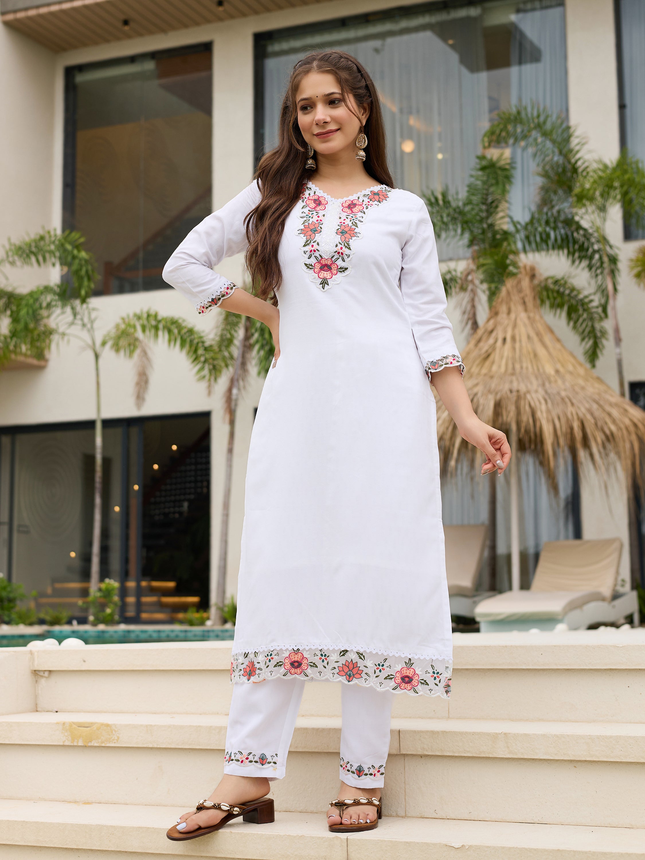 White Viscose Embroidered Straight Kurta Pant Dupatta Set