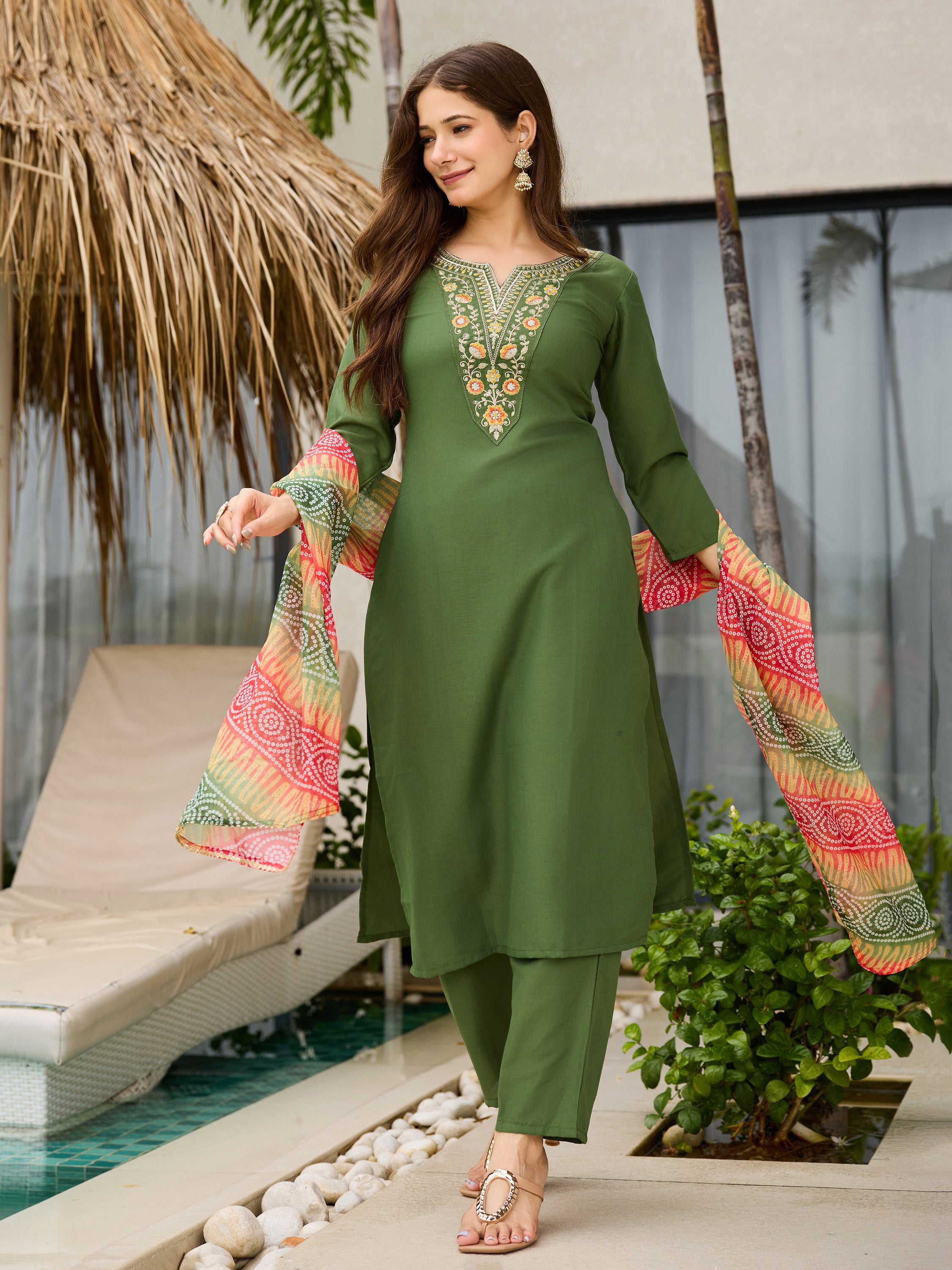 Mehendi Rayon Embroidered Straight Kurta with Pant & Taby Dupatta Sets