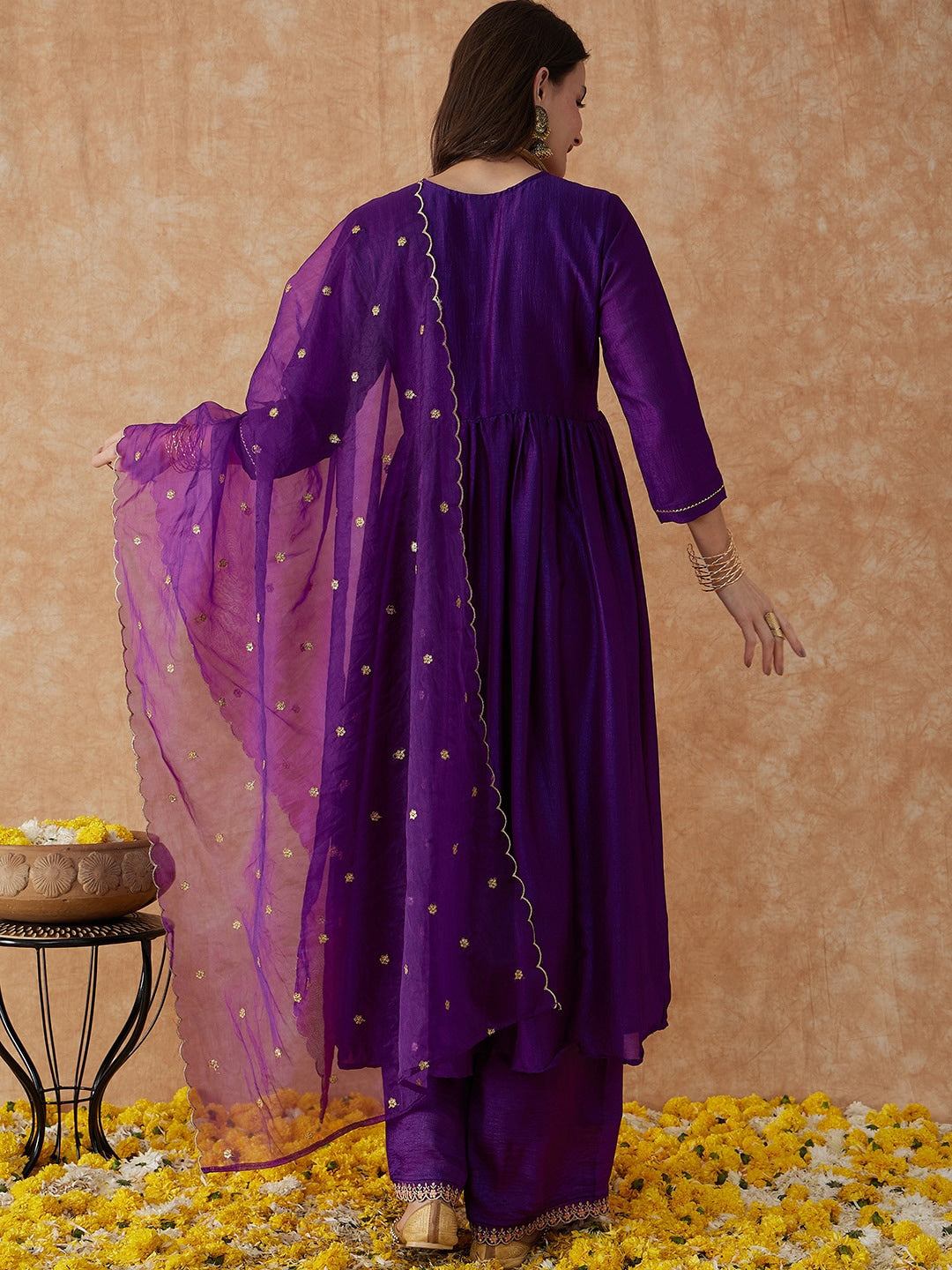 Embroidered Vichitra Silk Kurta Set with Palazzo & Net Dupatta