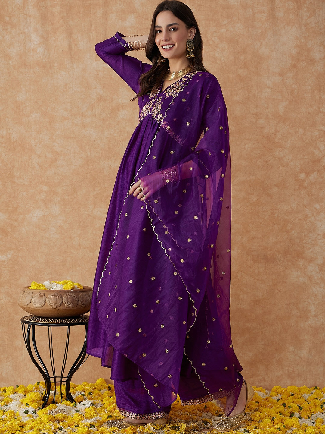 Embroidered Vichitra Silk Kurta Set with Palazzo & Net Dupatta