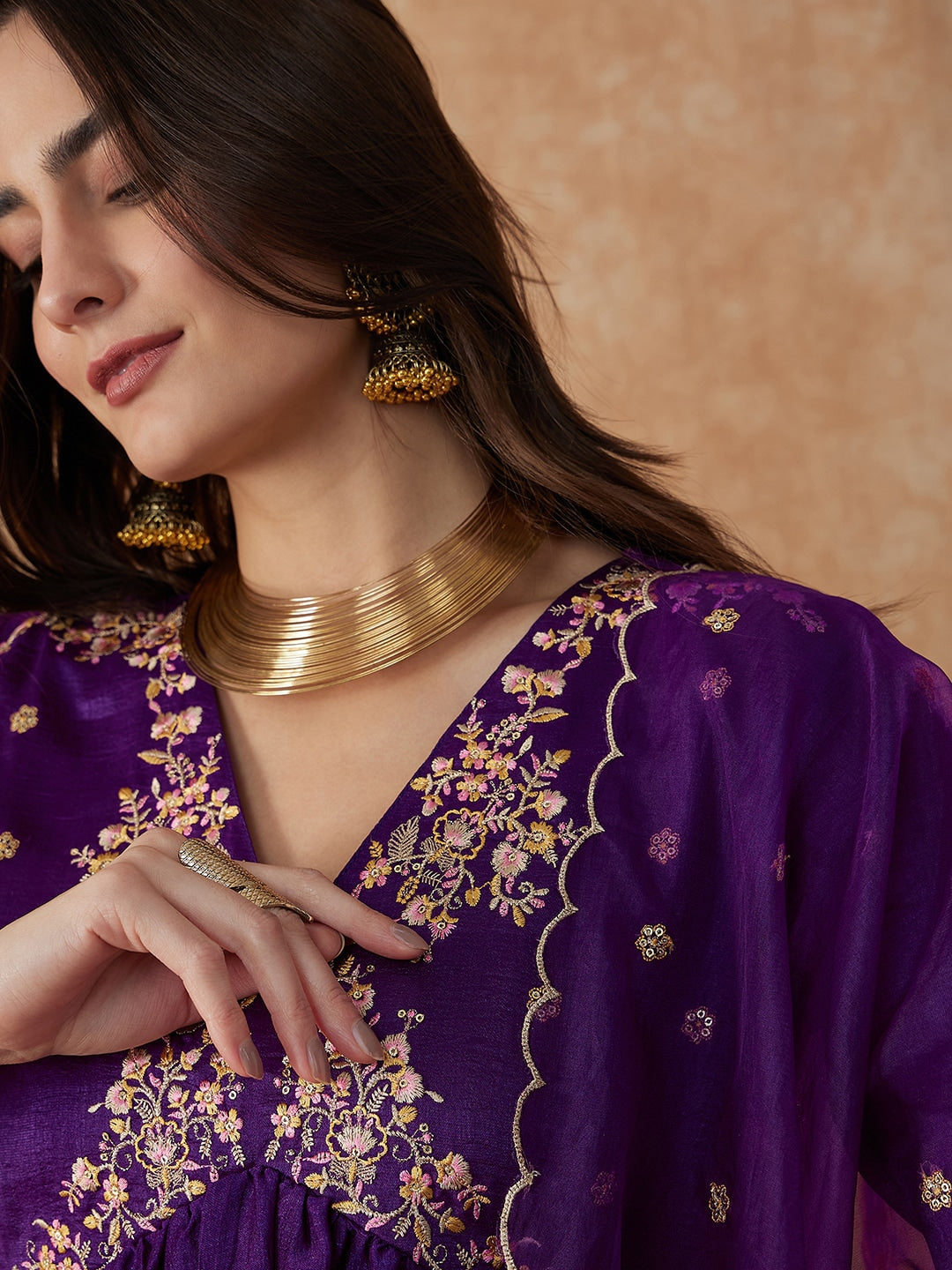 Embroidered Vichitra Silk Kurta Set with Palazzo & Net Dupatta