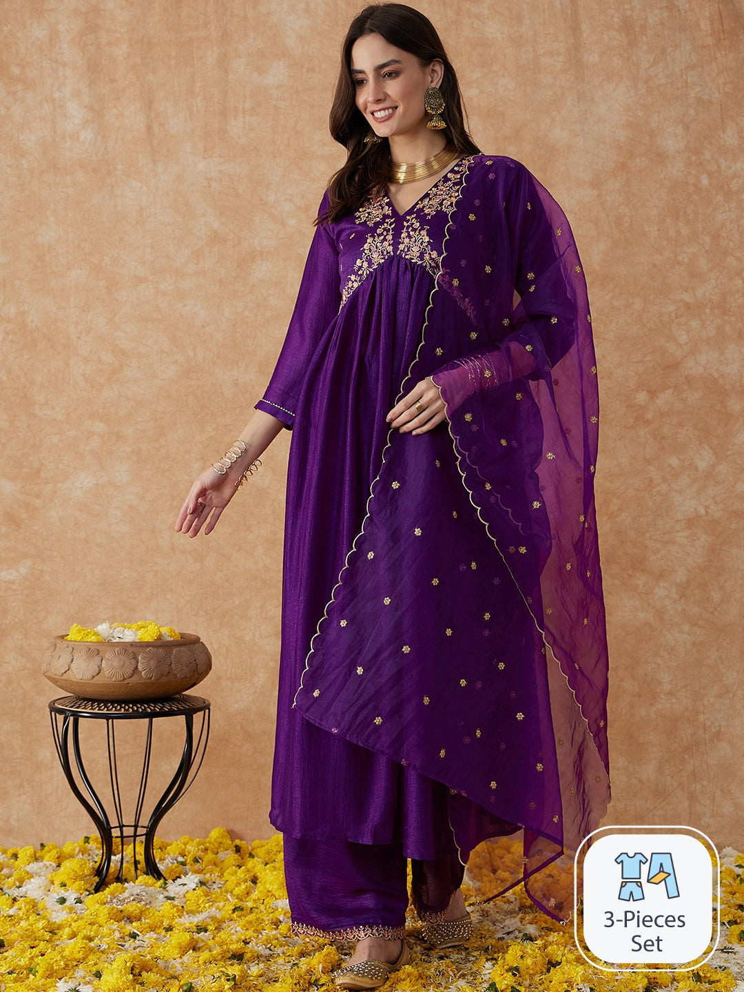 Embroidered Vichitra Silk Kurta Set with Palazzo & Net Dupatta