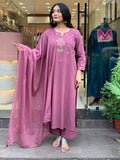 Cotton Embroidered Kurta Pant with Chanderi Dupatta Set
